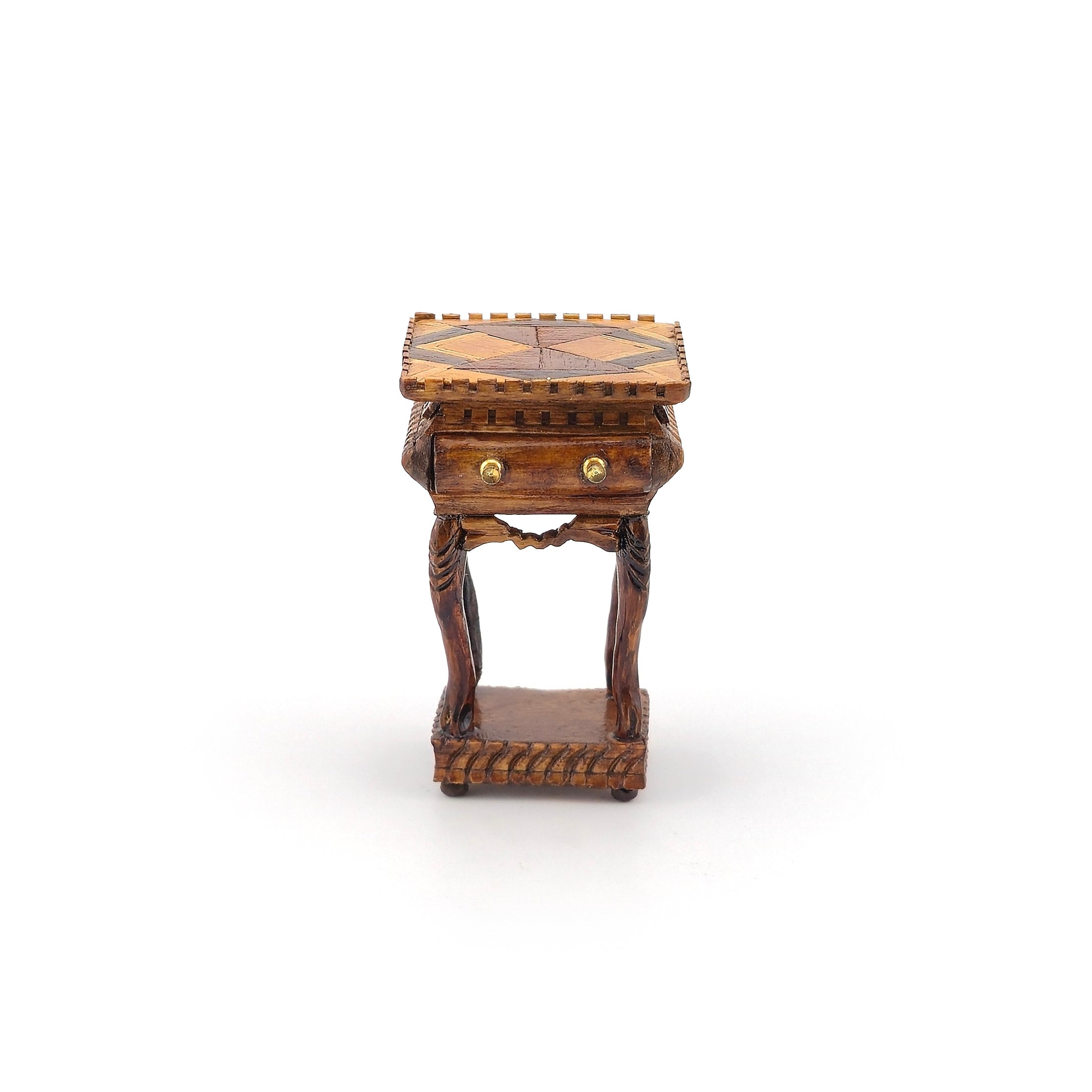 Miniature Dollhouse Carved Marquetry Inlay Side Table Artisan Signed A.E.V.