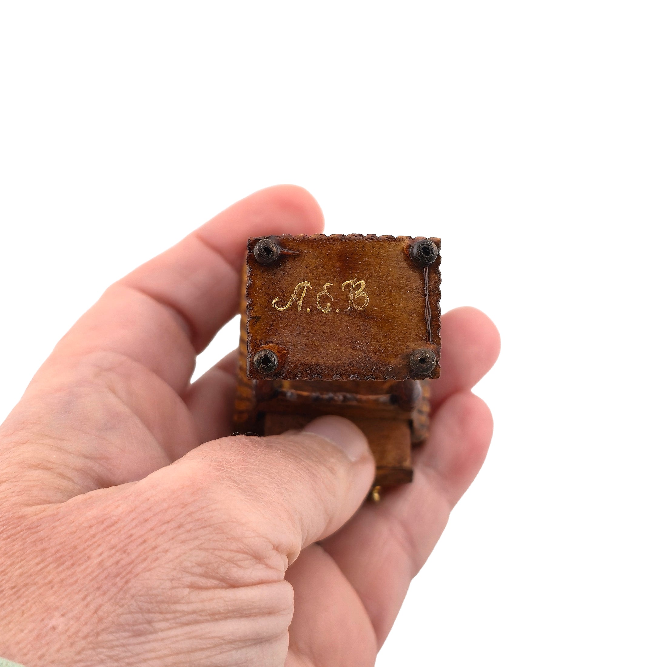 Miniature Dollhouse Carved Marquetry Inlay Side Table Artisan Signed A.E.V.