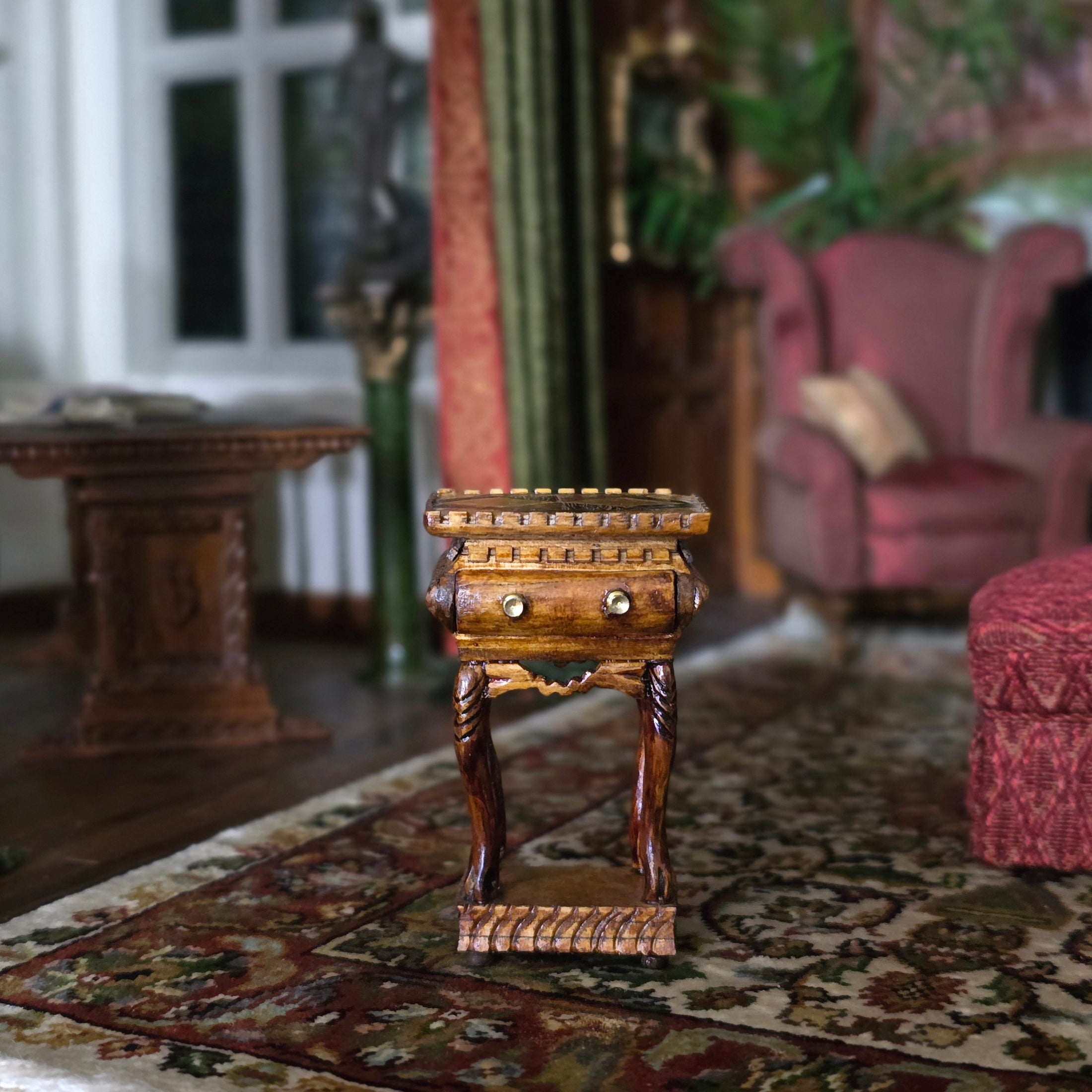 Miniature Dollhouse Carved Marquetry Inlay Side Table Artisan Signed A.E.V.
