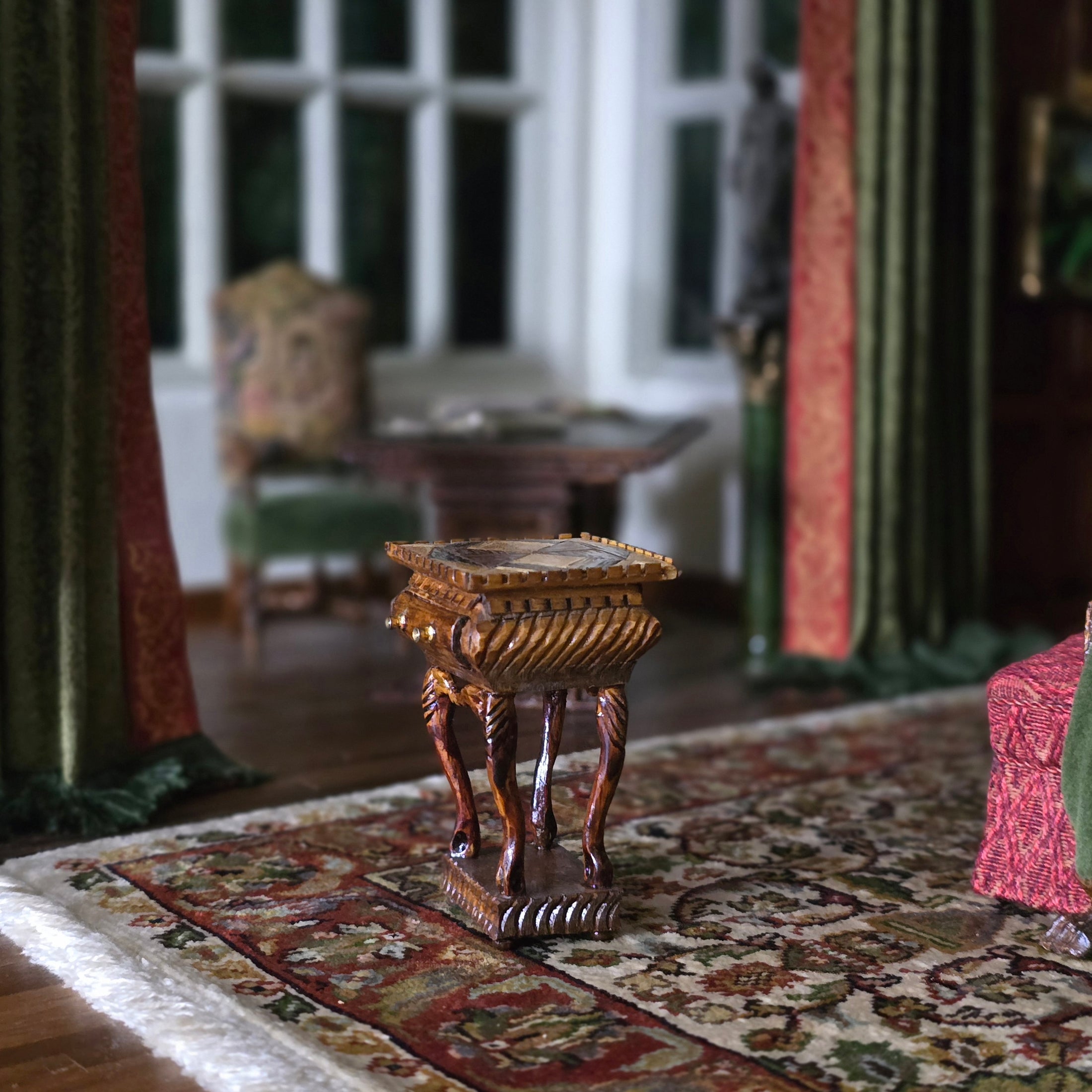 Miniature Dollhouse Carved Marquetry Inlay Side Table Artisan Signed A.E.V.