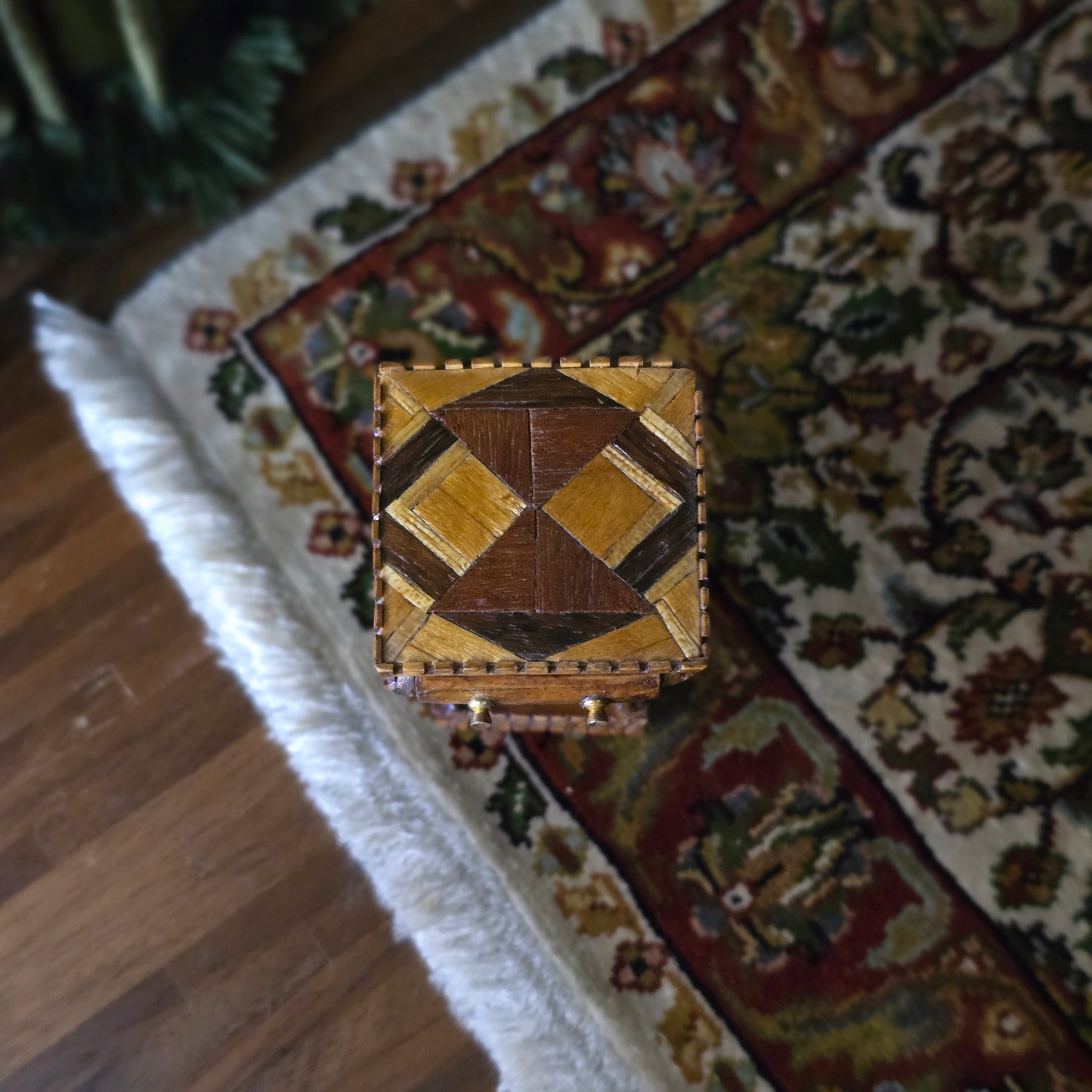 Miniature Dollhouse Carved Marquetry Inlay Side Table Artisan Signed A.E.V.