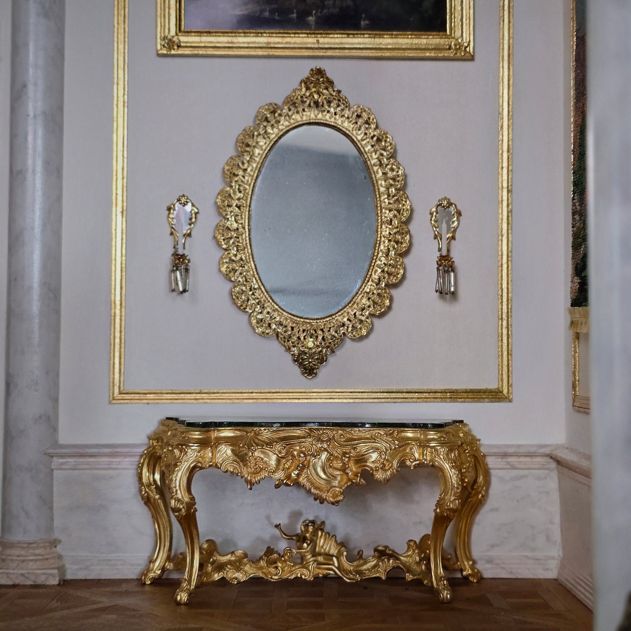 John Hodgson 1999 Gold Rococo Console with Green Marble Table Top 1:12