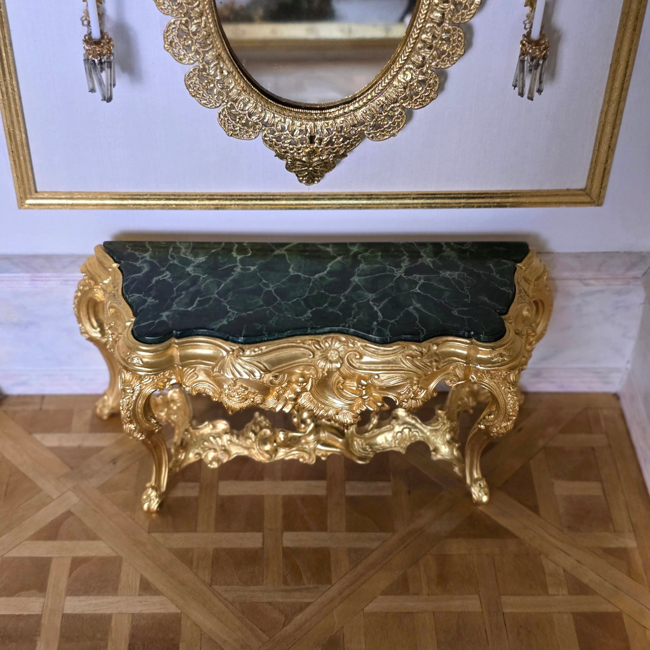John Hodgson 1999 Gold Rococo Console with Green Marble Table Top 1:12