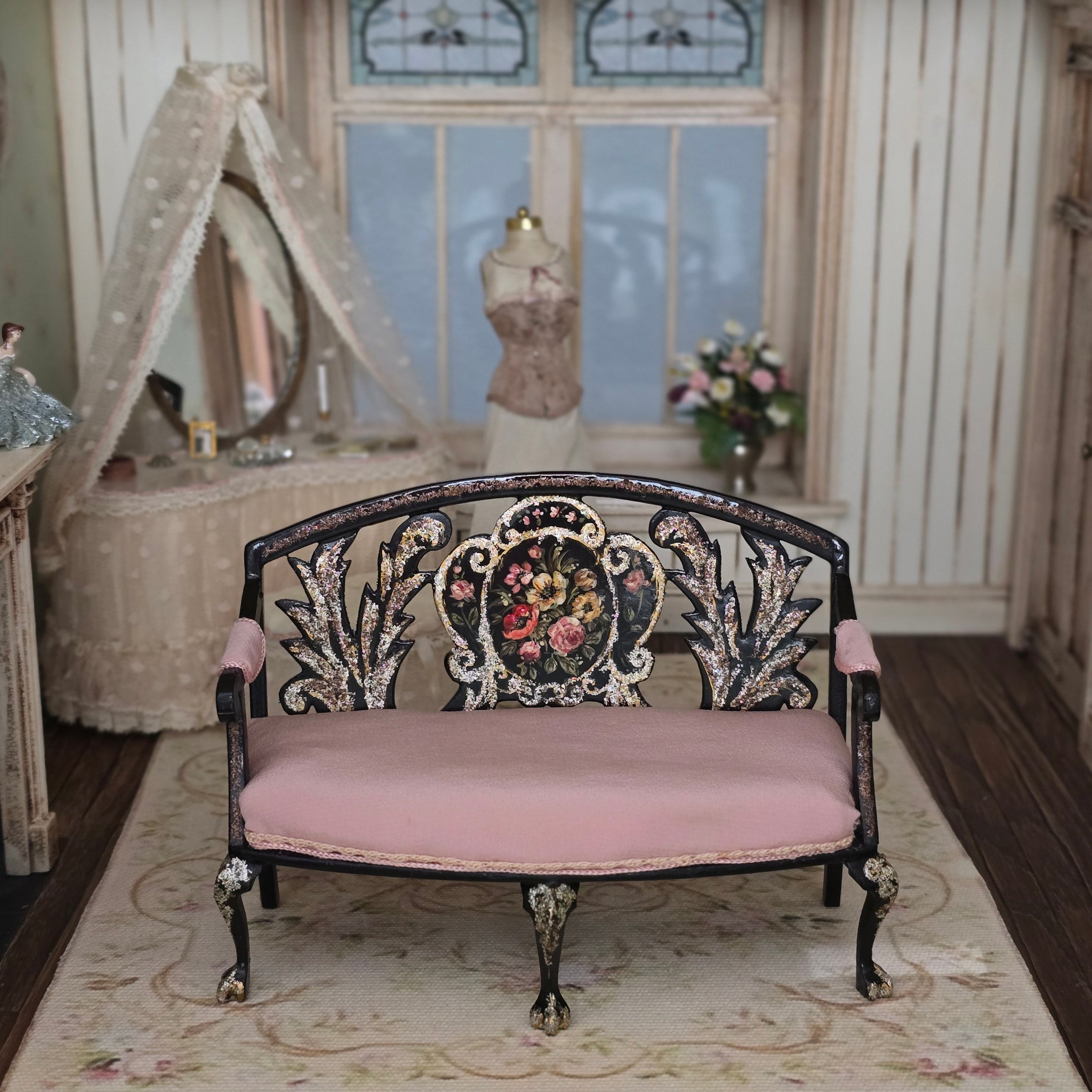Renee Isabelle 1993 First Edition Pink Silk & Lacquer Rococo Settee 1:12 Scale