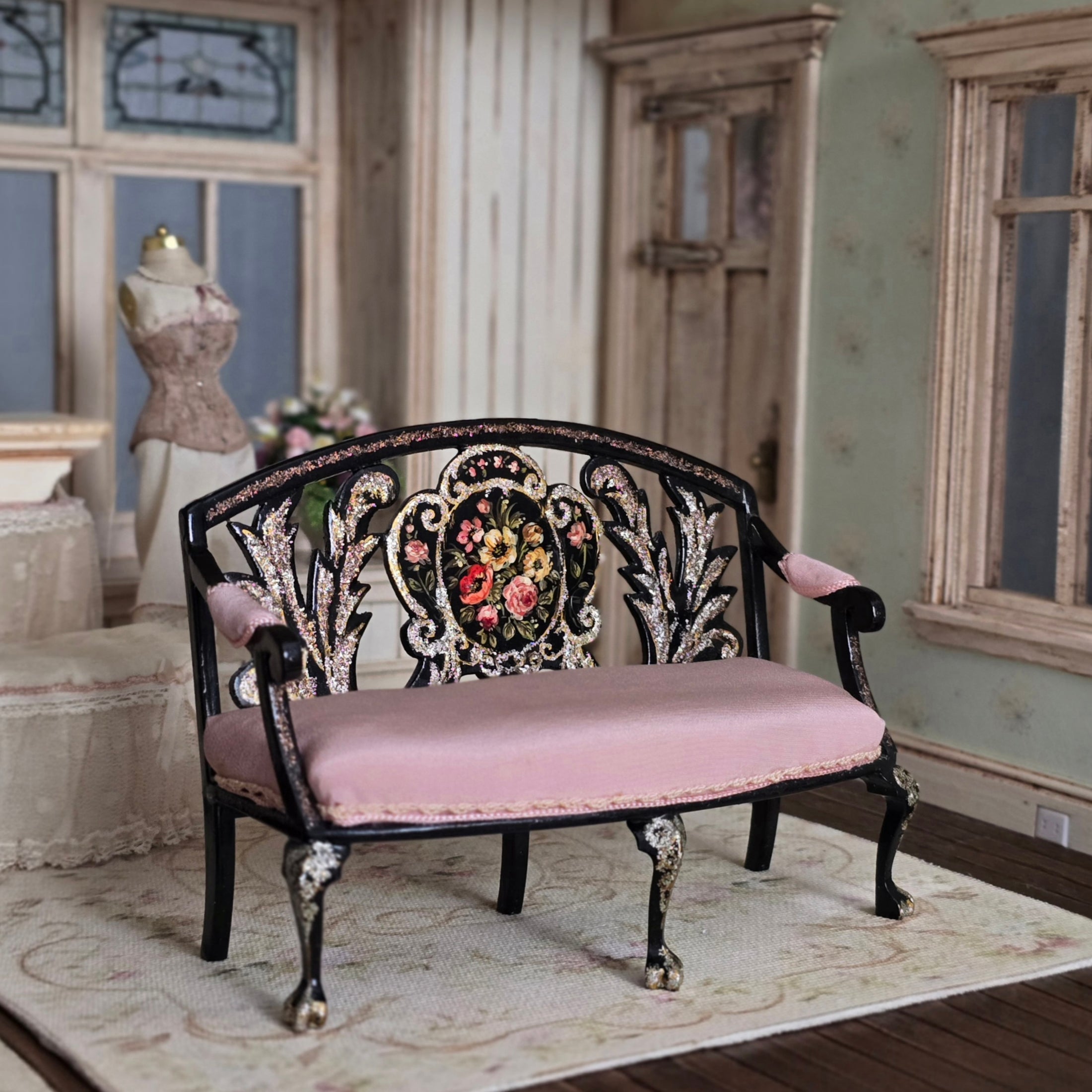 Renee Isabelle 1993 First Edition Pink Silk & Lacquer Rococo Settee 1:12 Scale