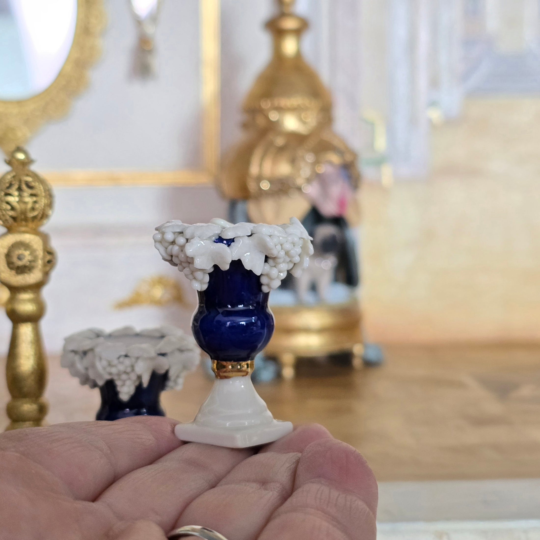 Vince Stapleton Pair of Porcelain Cobalt Blue Urns with Grapes 1:12 Scale