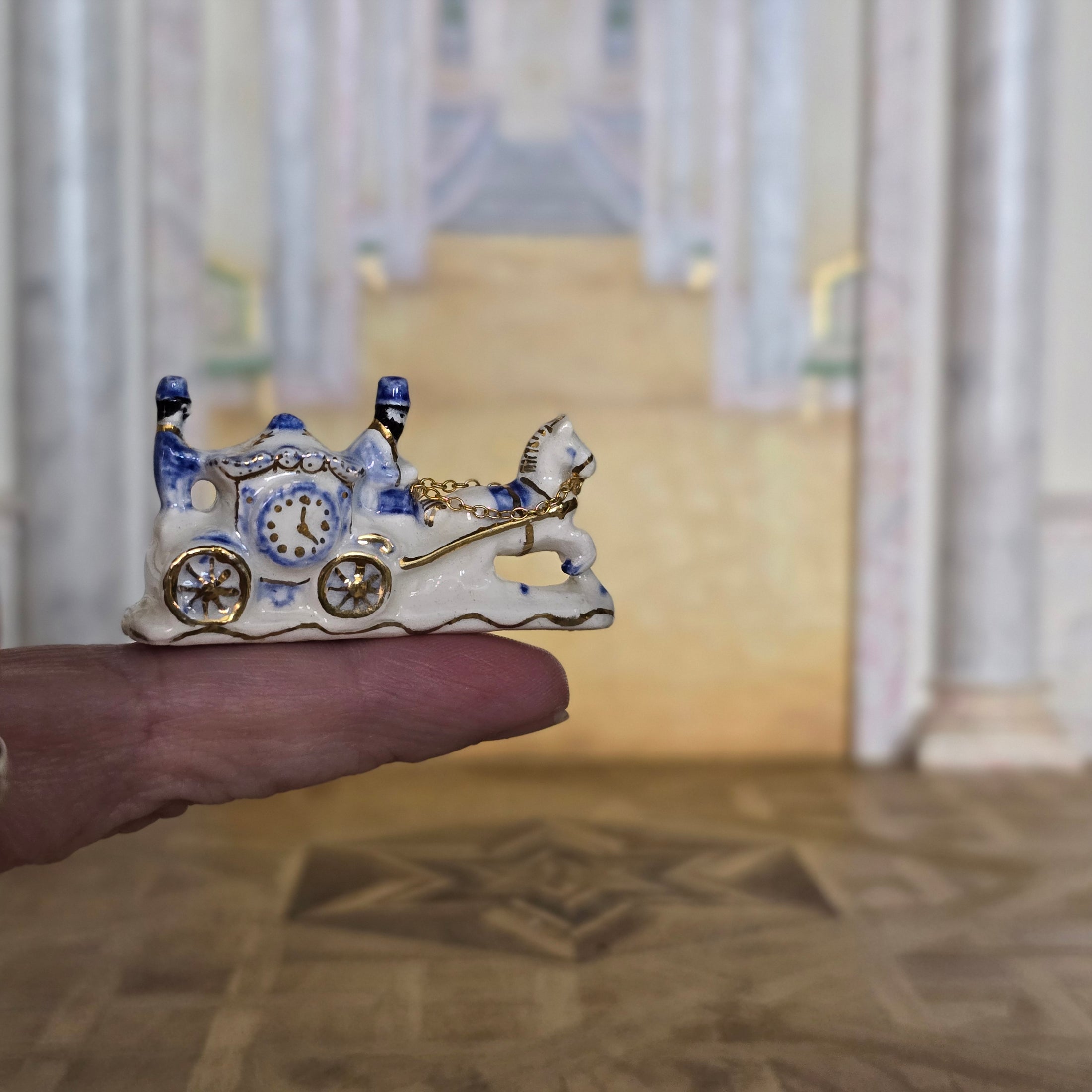 Sandy Turner Keramos Ceramics Gilt Delft Clock Carriage Austria 1:12 Scale