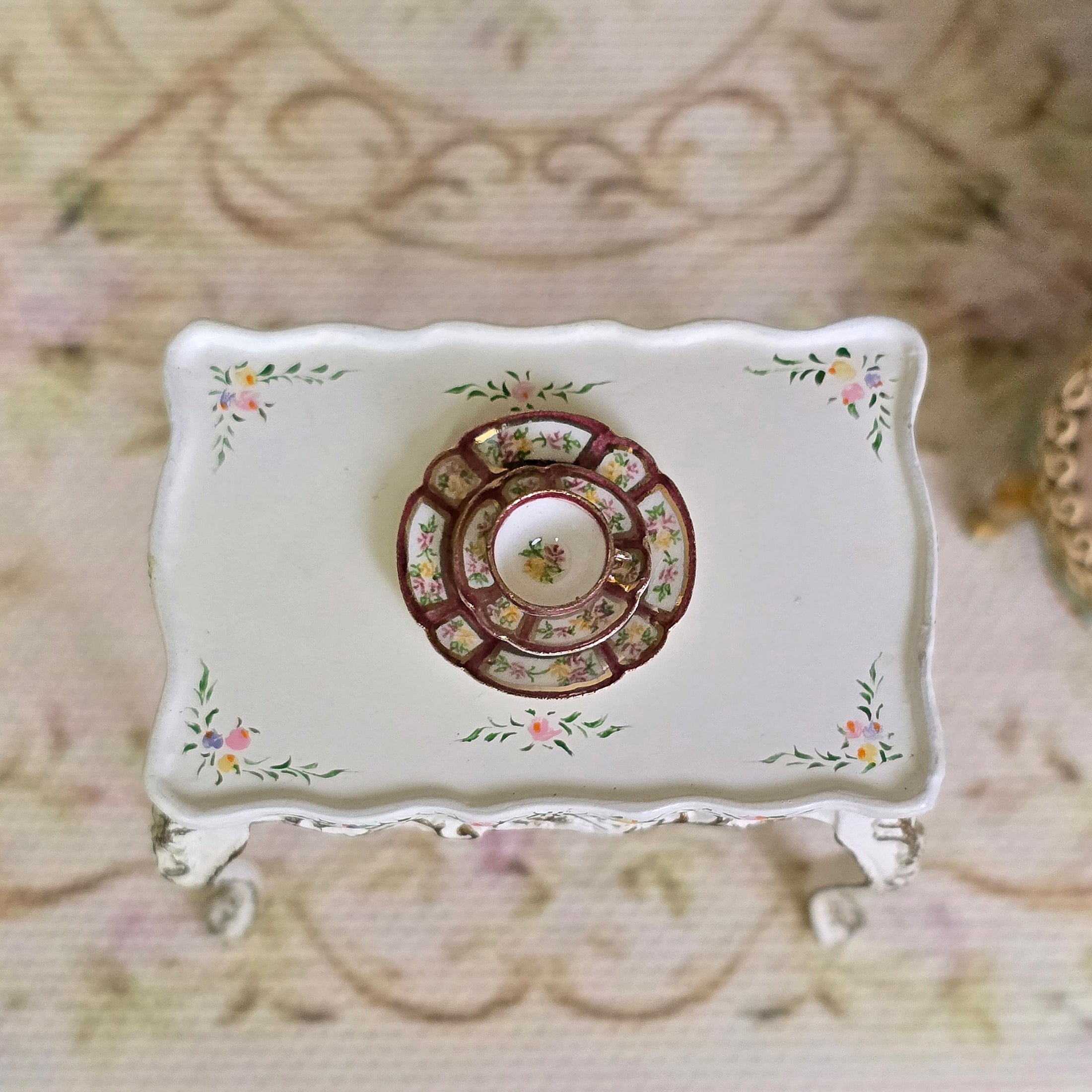 Teresa Welch Burgundy & Gold Floral 3-Piece Dessert Set RARE 1994