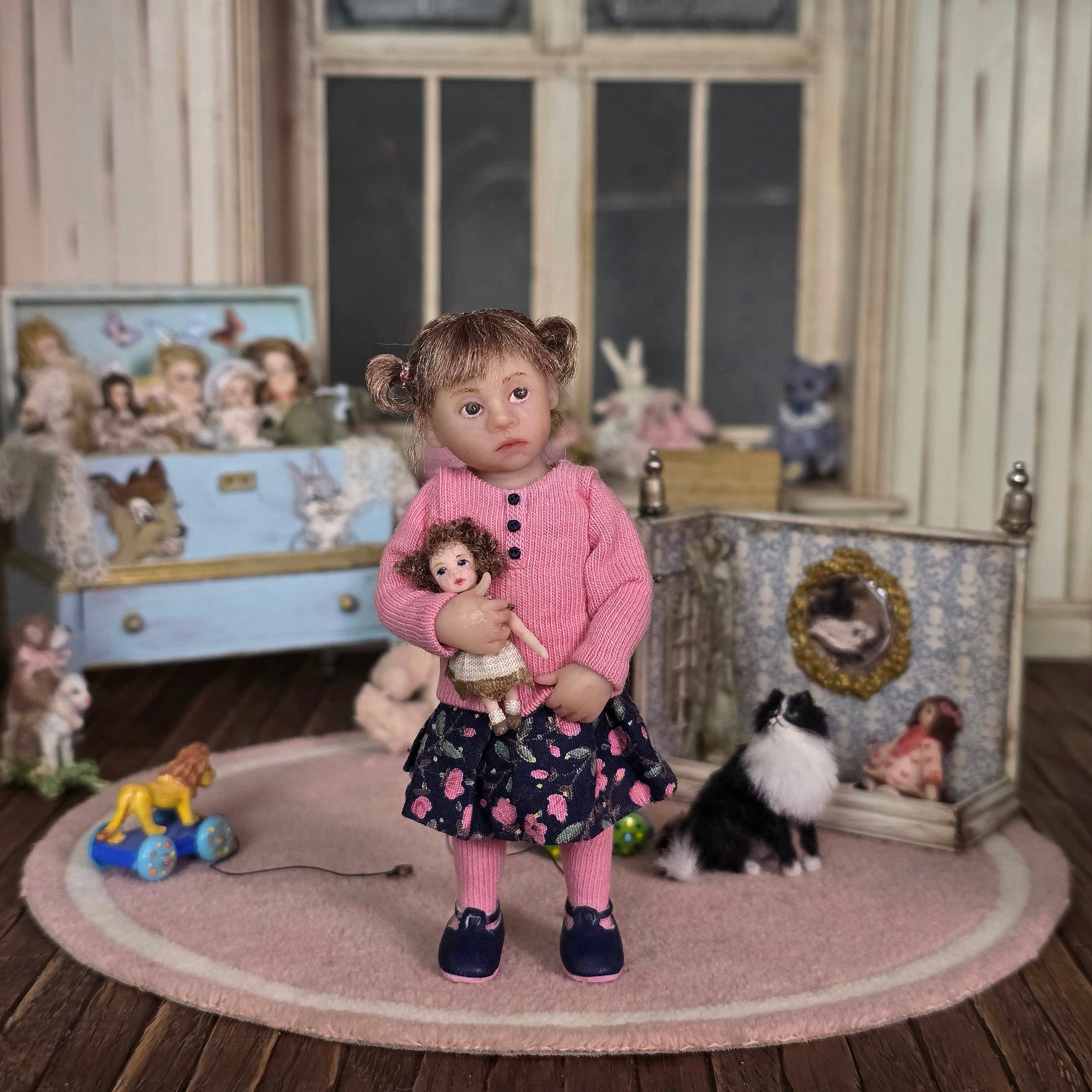 Irina Martin Pigtails Girl Dollhouse Doll Holding Her Own Tiny Doll