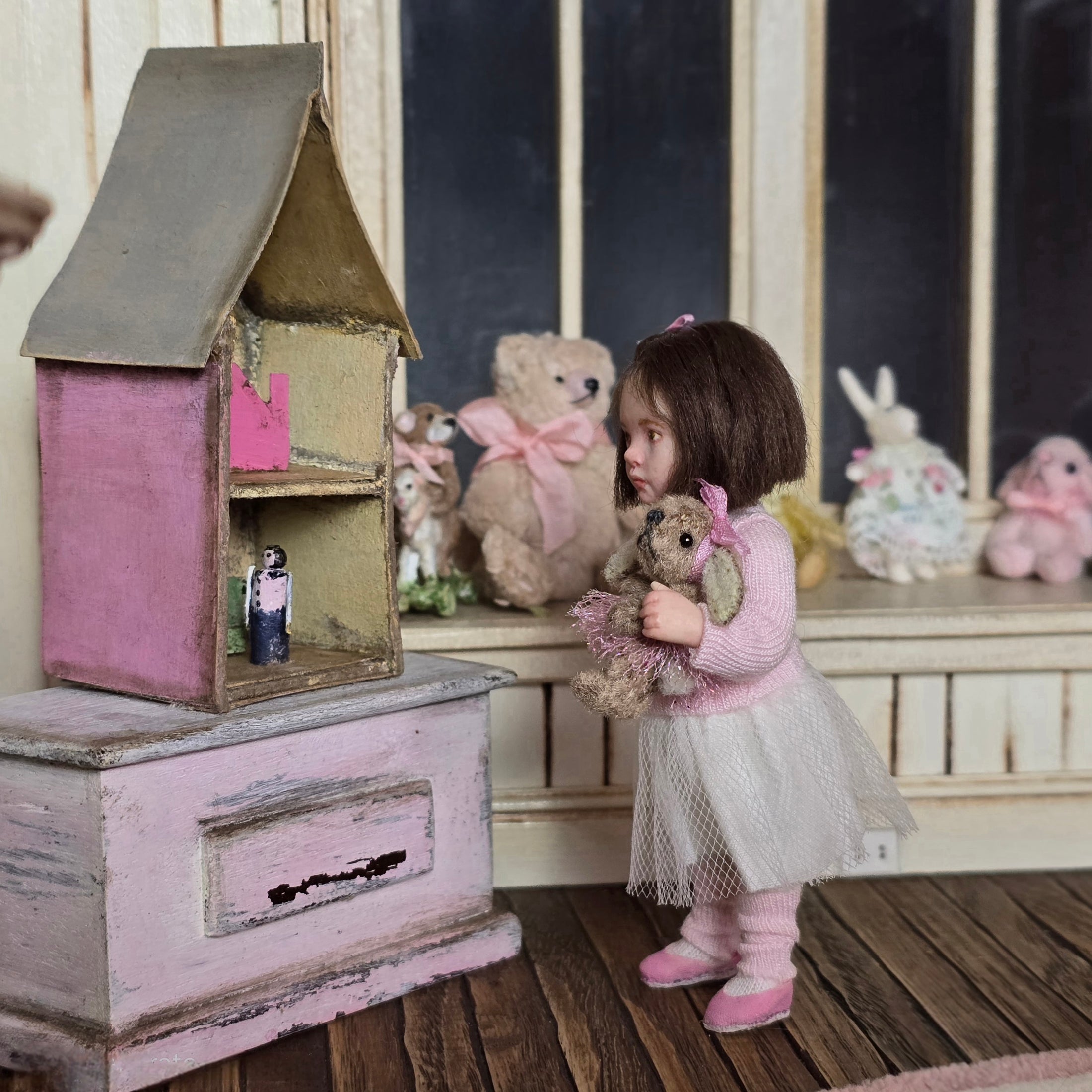 Irina Martin Dollhouse Doll Pouty Little Girl in Tutu with Anna Braun Bunny