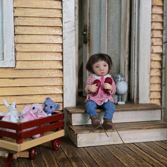 Irina Martin Seated Brunette Girl Dollhouse Doll "But I Want to Wear My Pretty Shoes!"