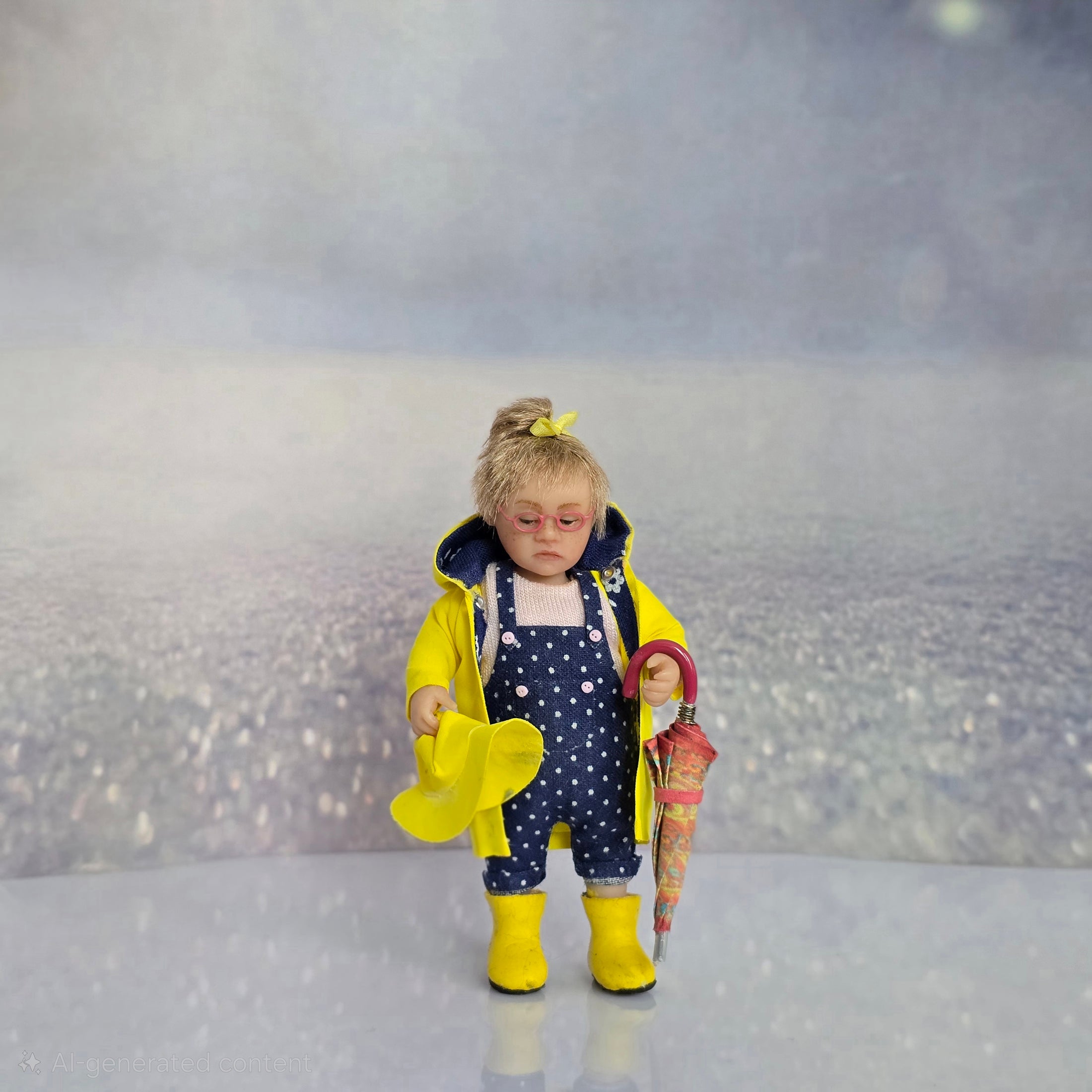 Irina Martin Blonde Little Girl Dollhouse Doll in Raincoat with Umbrella