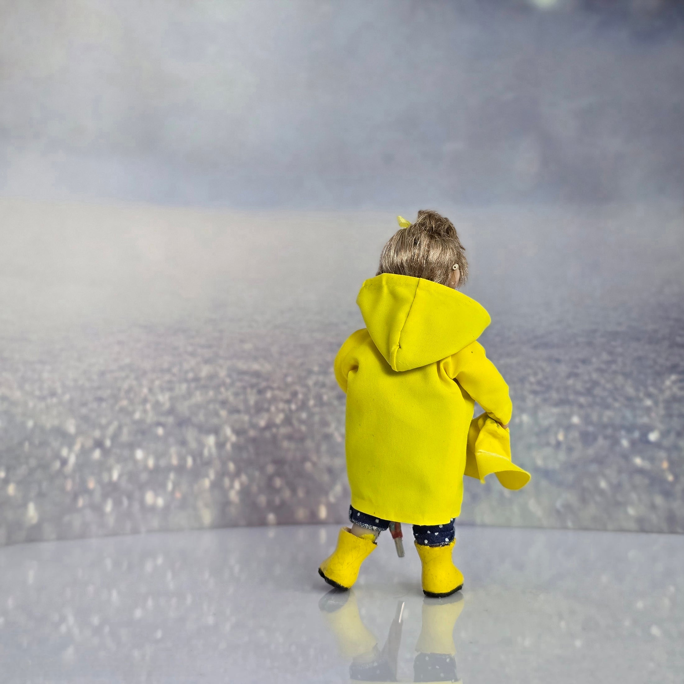 Irina Martin Blonde Little Girl Dollhouse Doll in Raincoat with Umbrella