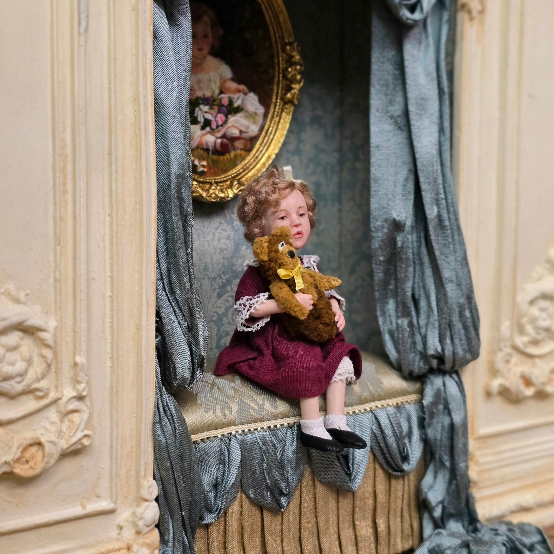 Irina Martin Seated Young Little Girl Dollhouse Doll with Her Teddy Bear