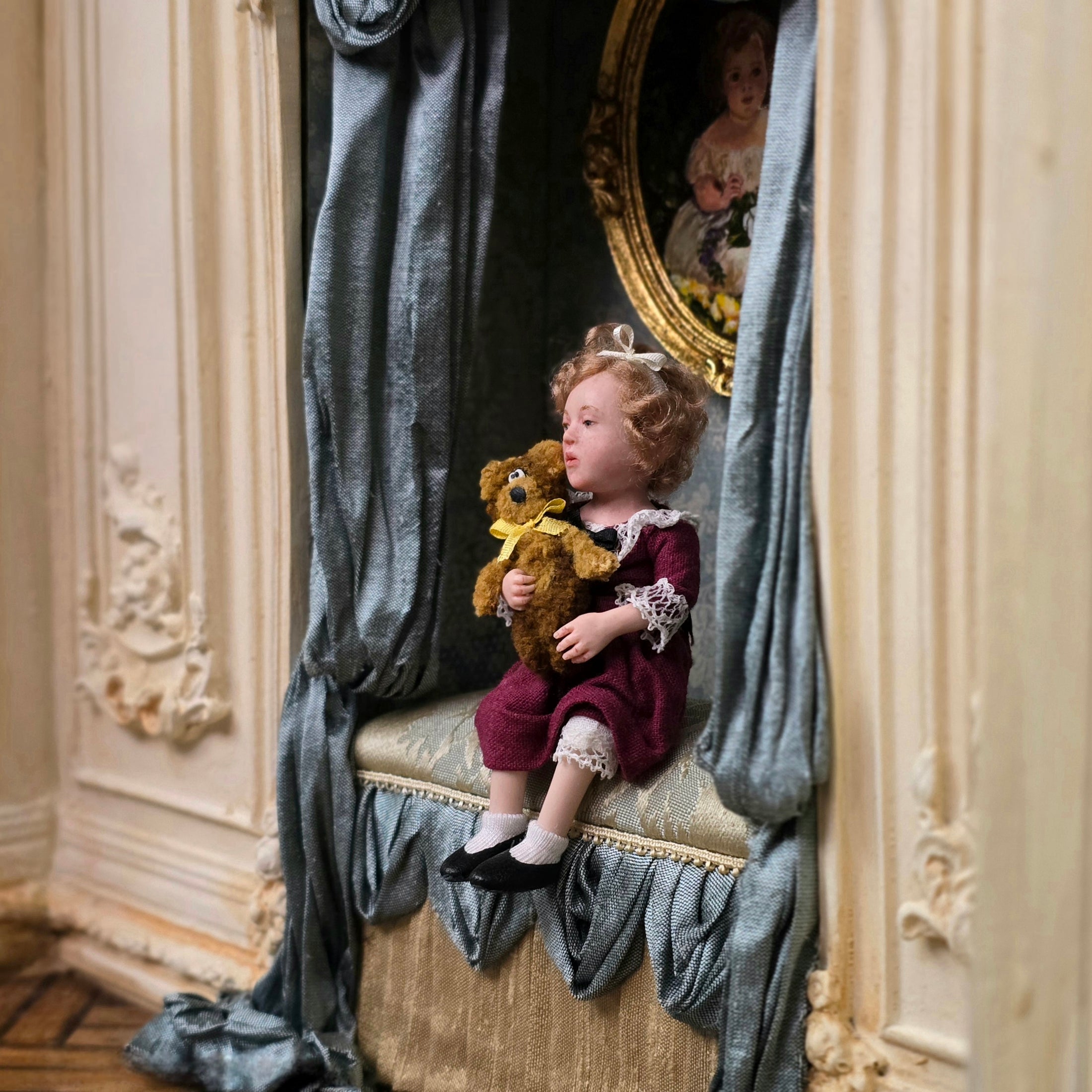 Irina Martin Seated Young Little Girl Dollhouse Doll with Her Teddy Bear