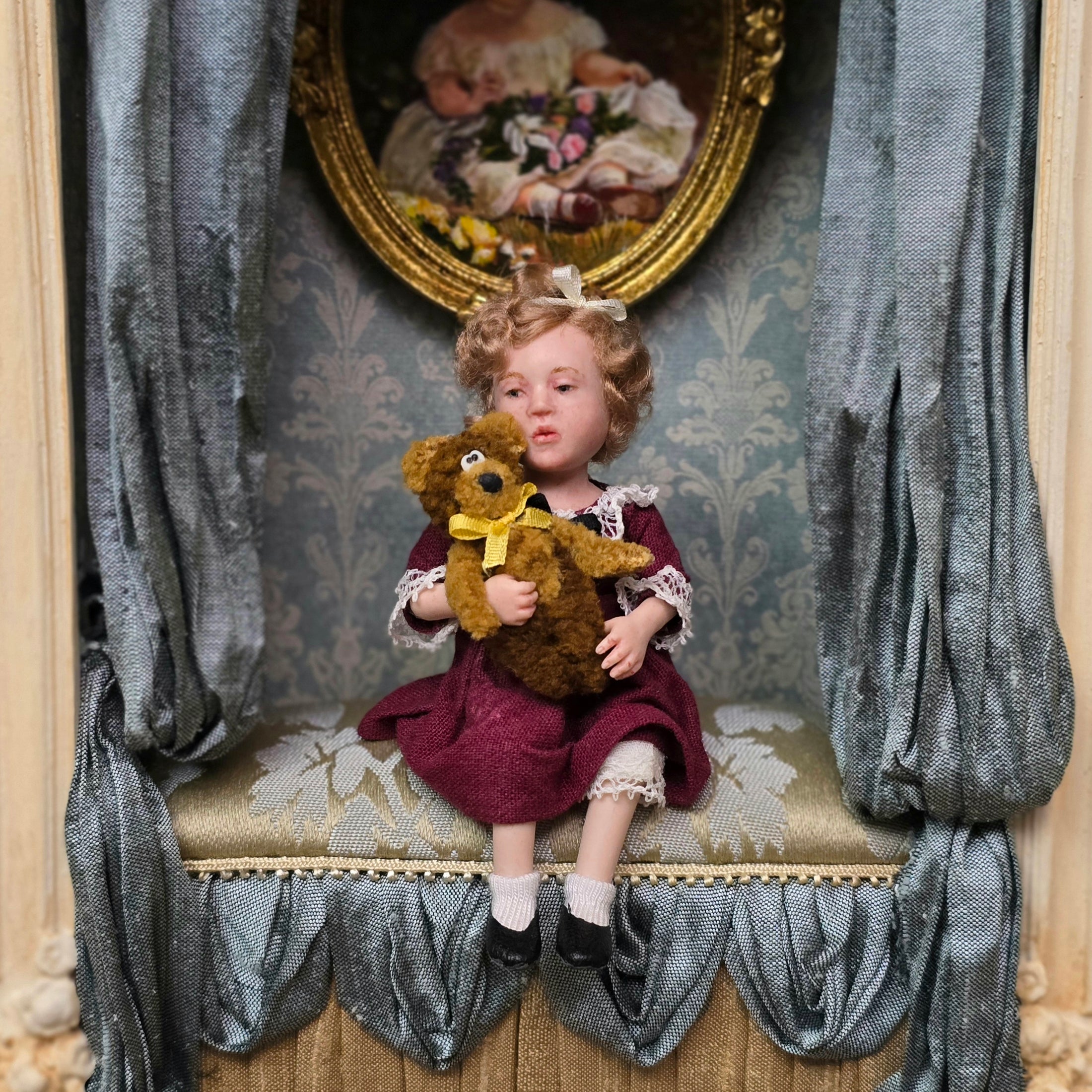 Irina Martin Seated Young Little Girl Dollhouse Doll with Her Teddy Bear