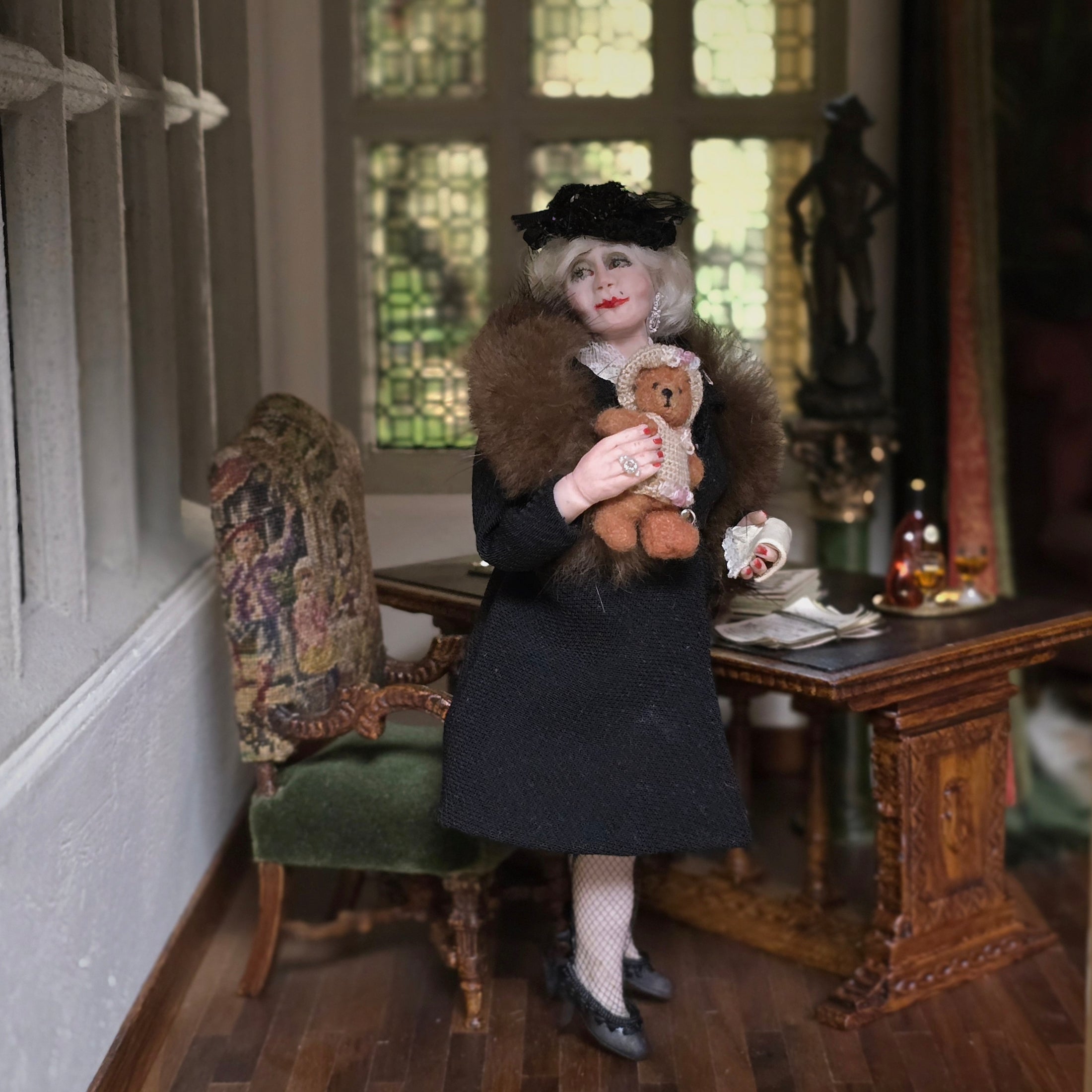 Doris Tussing Elegant Lady Dollhouse Doll Reminiscing with a Teddy Bear