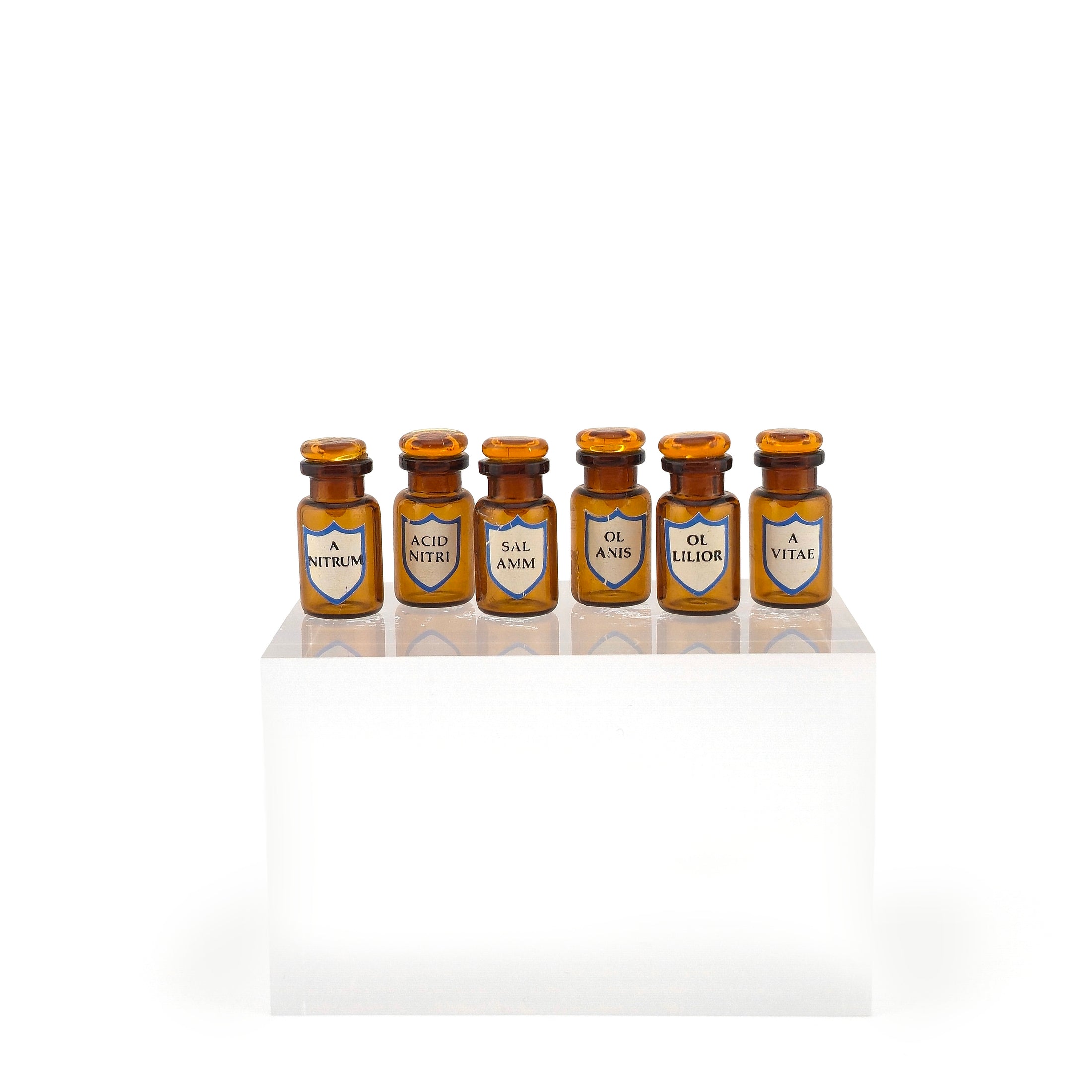 Mini Mundus Set of 6 Amber Glass Apothecary Bottles Style F Group 1