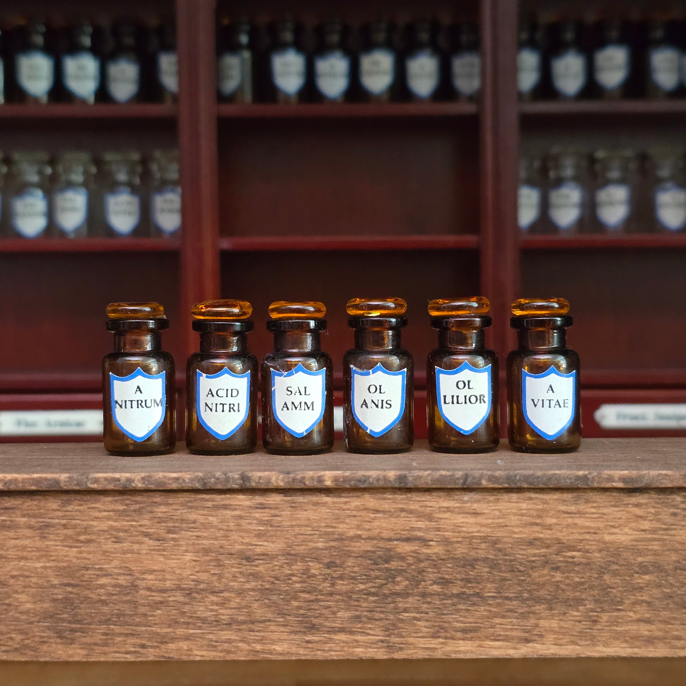 Mini Mundus Set of 6 Amber Glass Apothecary Bottles Style F Group 1