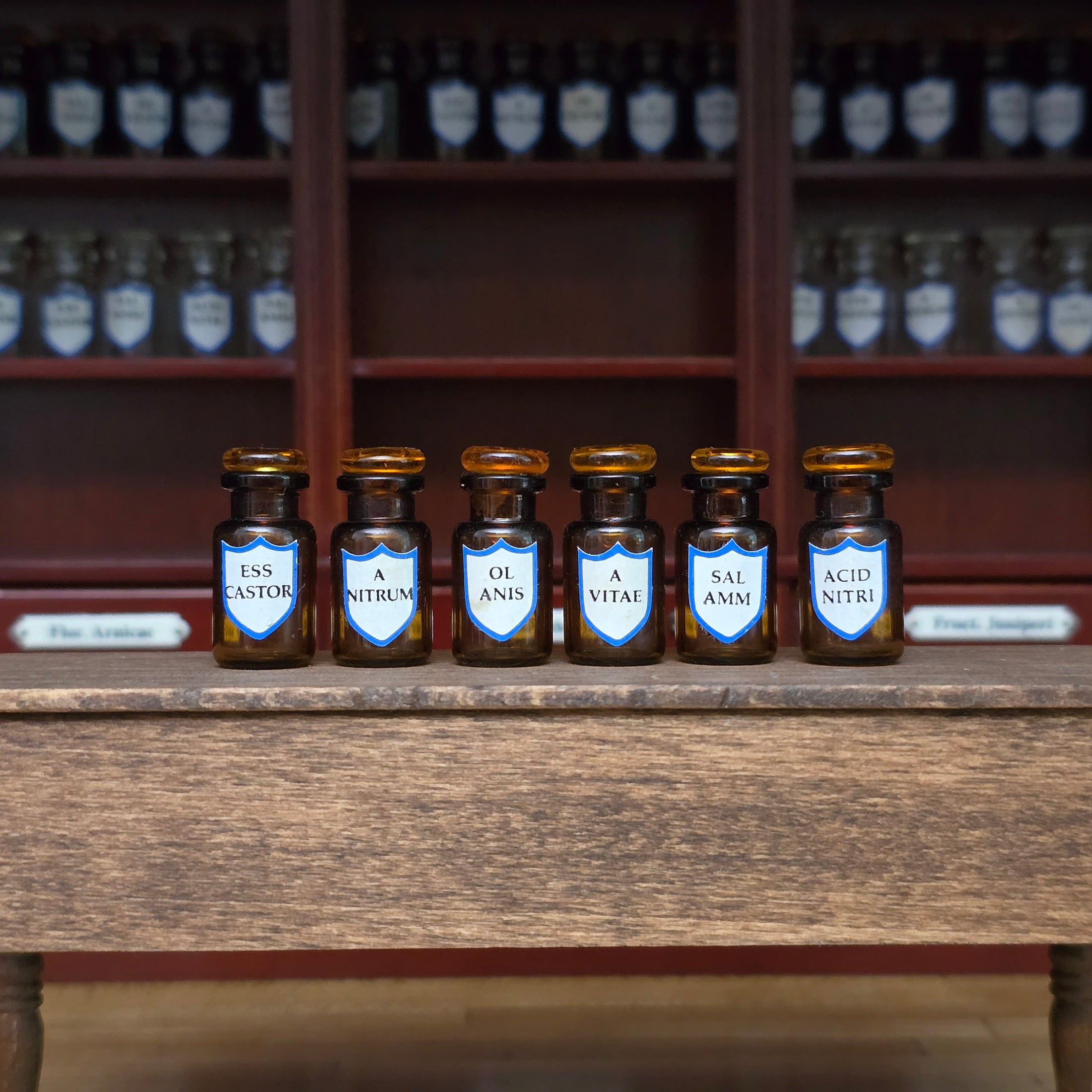 Mini Mundus Set of 6 Amber Glass Apothecary Bottles Style F Group 2