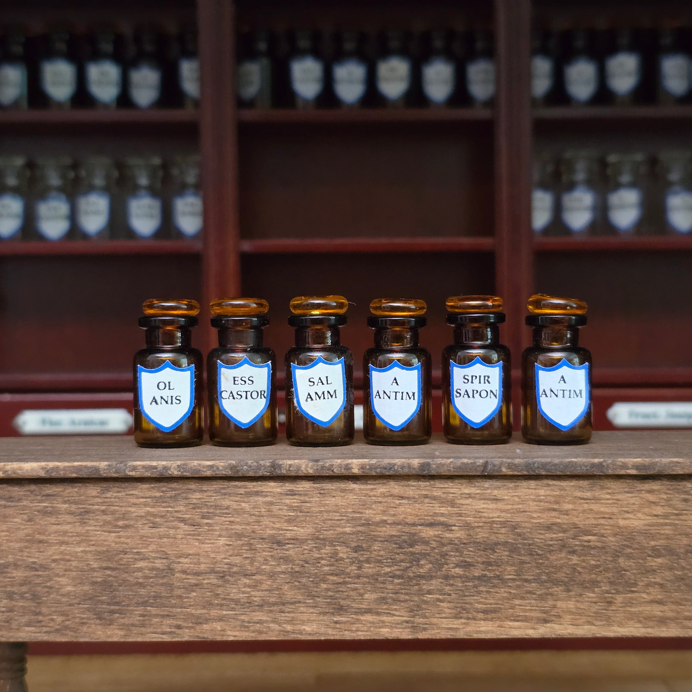 Mini Mundus Set of 6 Amber Glass Apothecary Bottles Style F Group 3