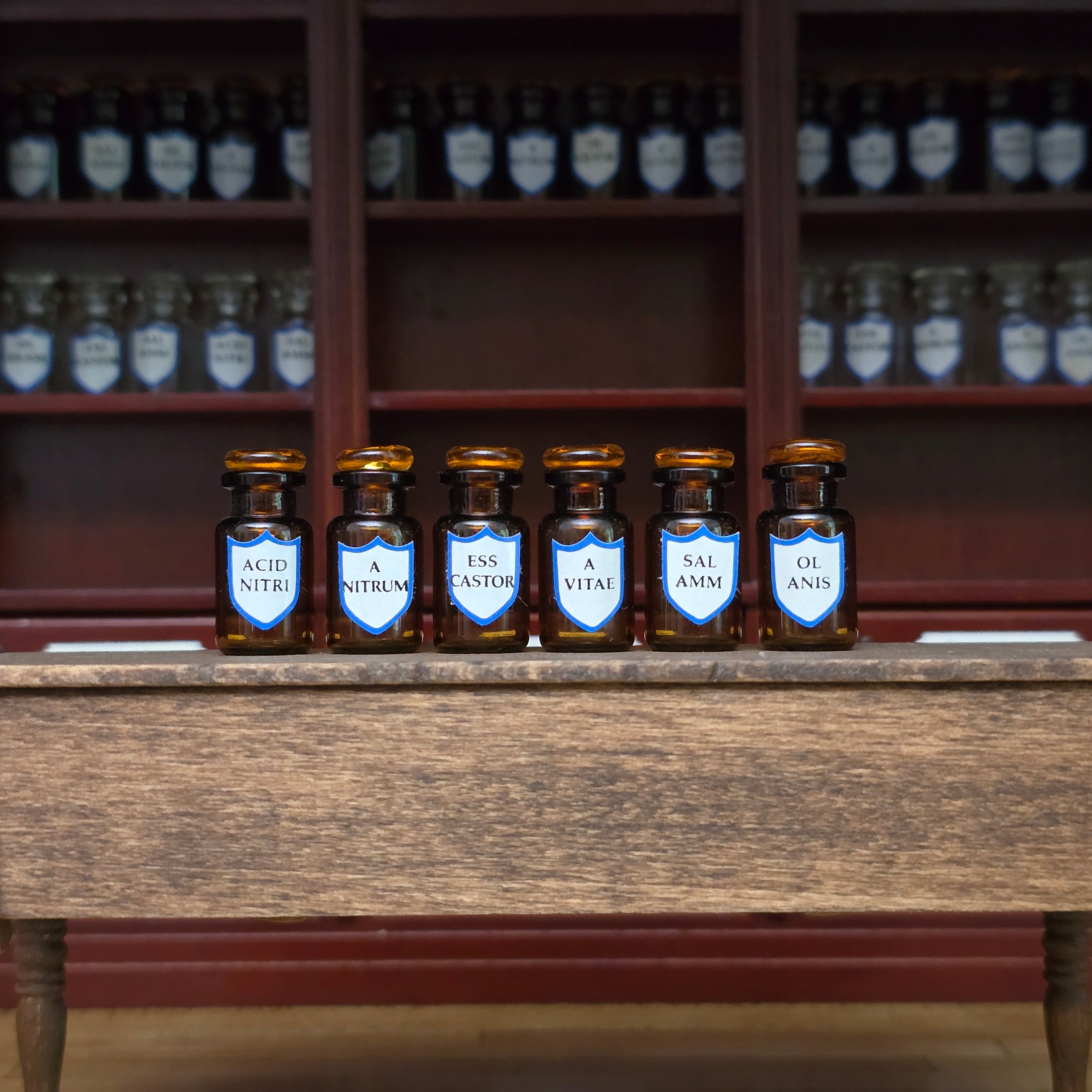 Mini Mundus Set of 6 Amber Glass Apothecary Bottles Style F Group 4