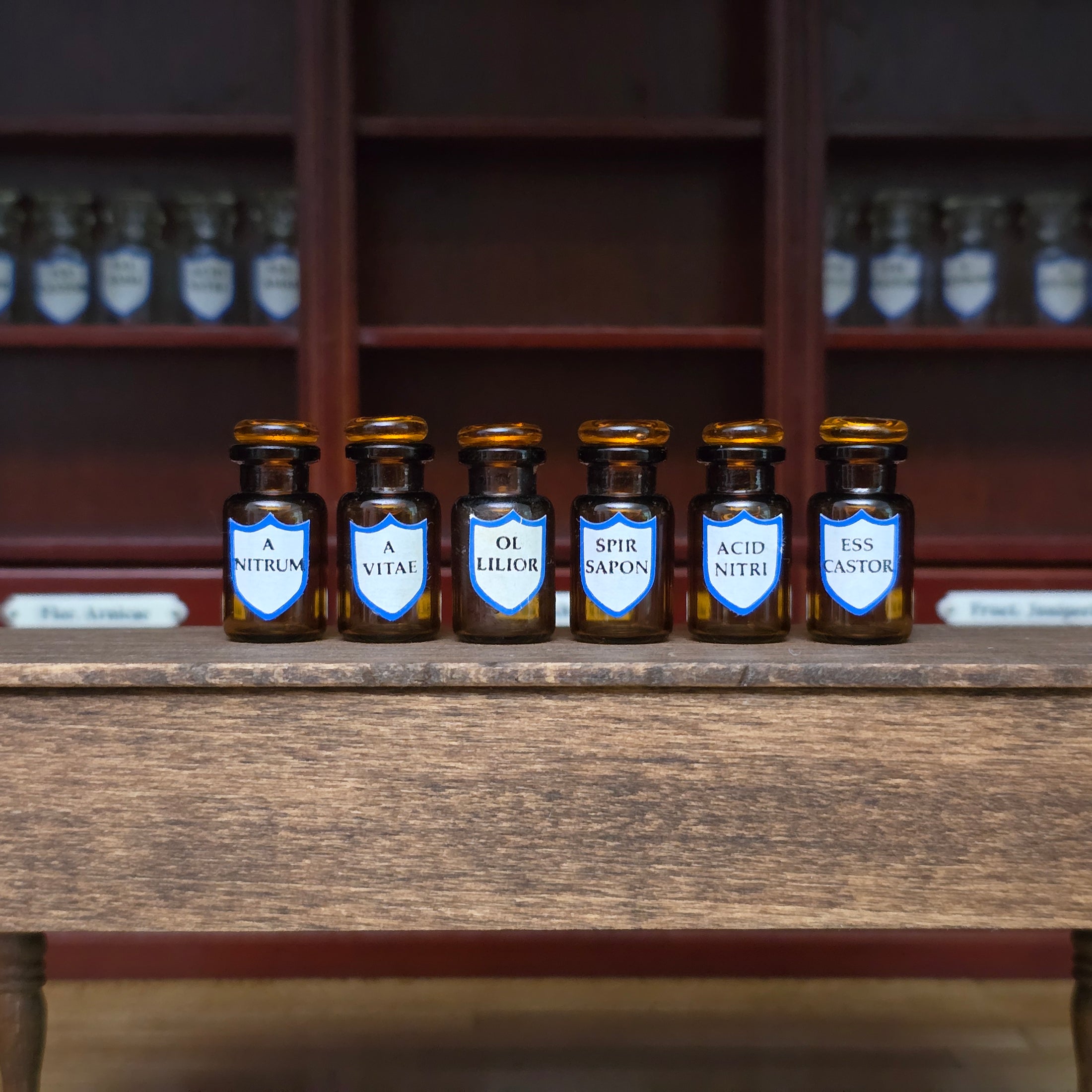 Mini Mundus Set of 6 Amber Glass Apothecary Bottles Style F Group 6