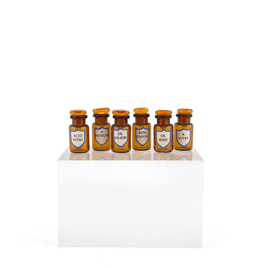 Mini Mundus Set of 6 Amber Glass Apothecary Bottles Style F Group 7