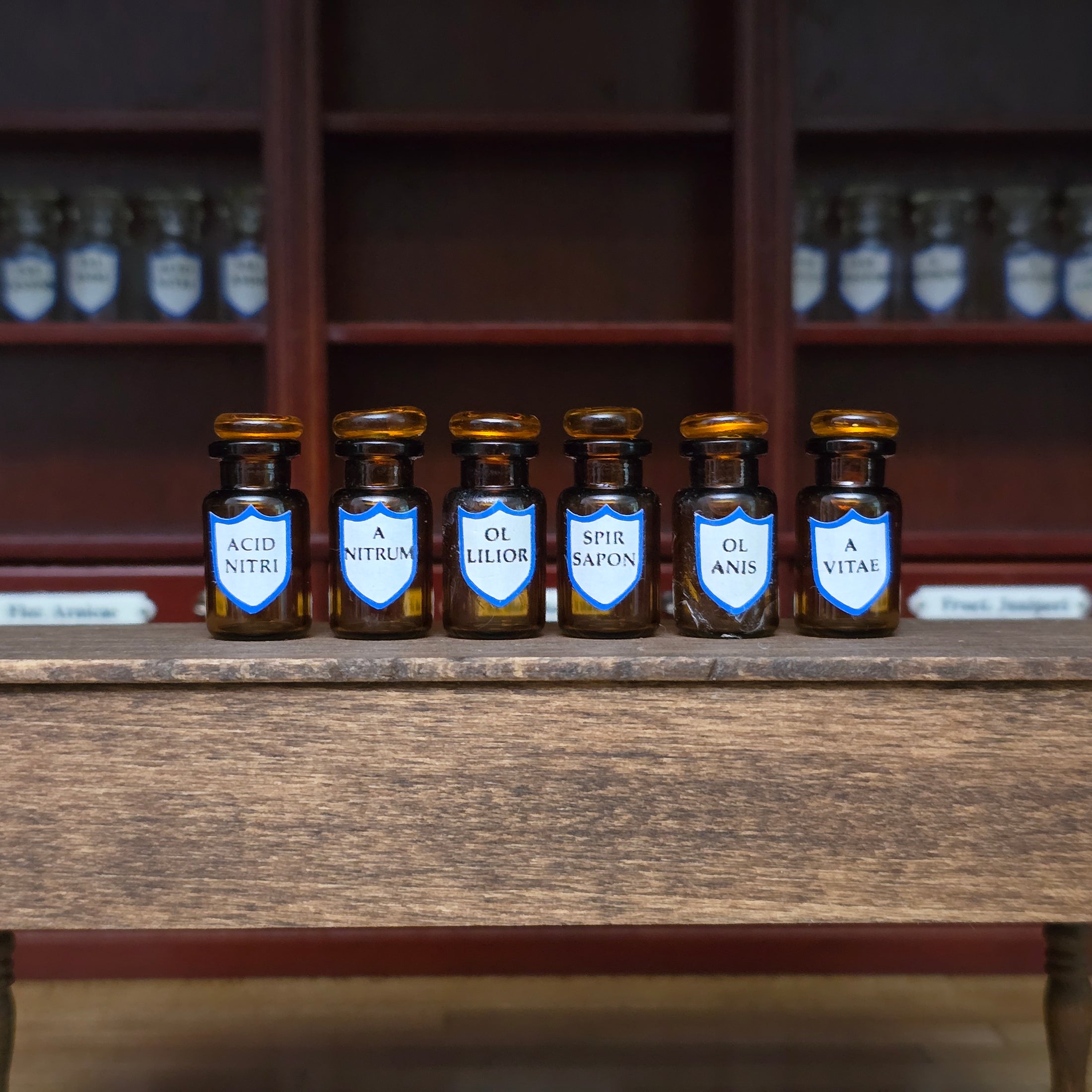 Mini Mundus Set of 6 Amber Glass Apothecary Bottles Style F Group 7