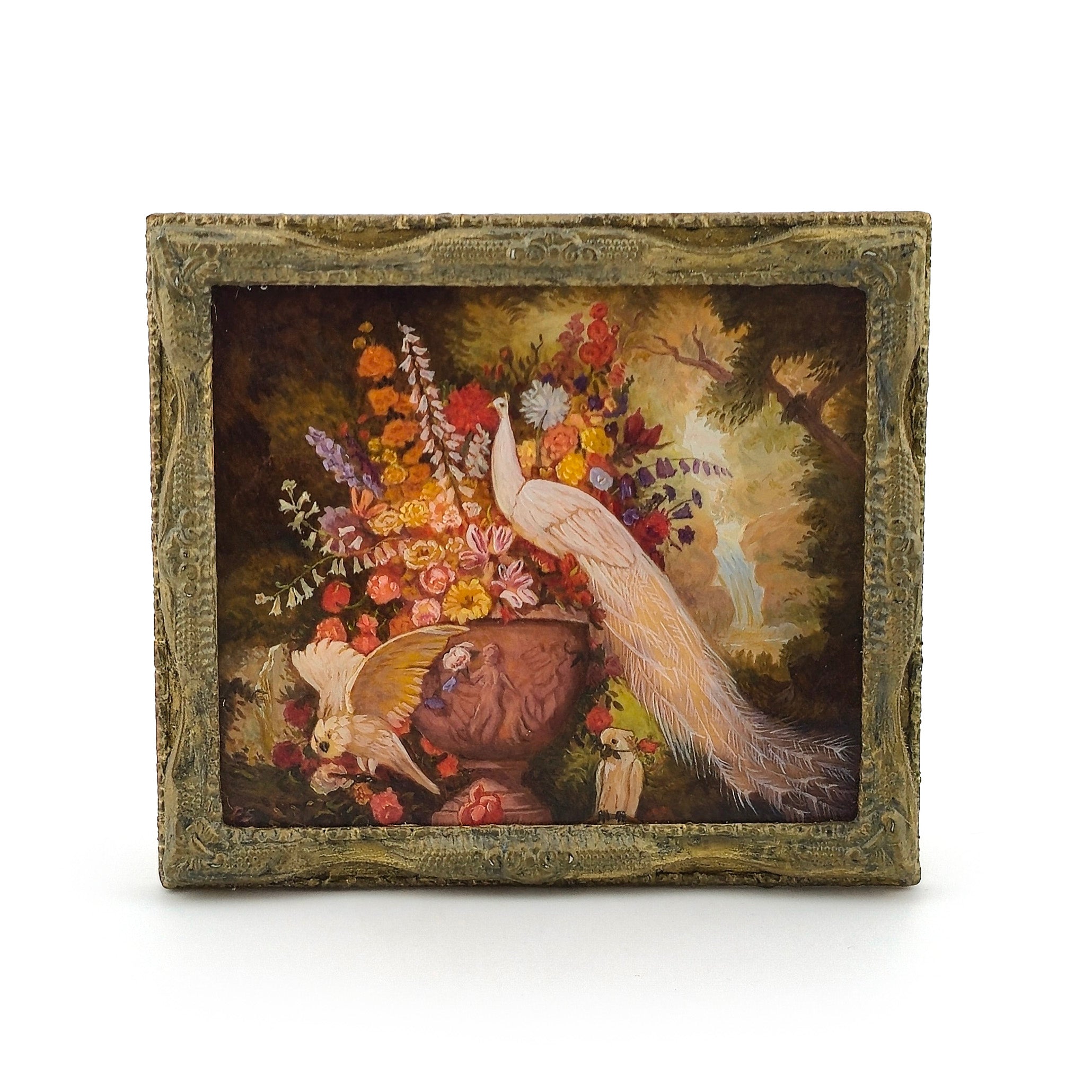 Paul Saltarelli White Peacock with Cockatoos and Flowers 2001 Oil Painting