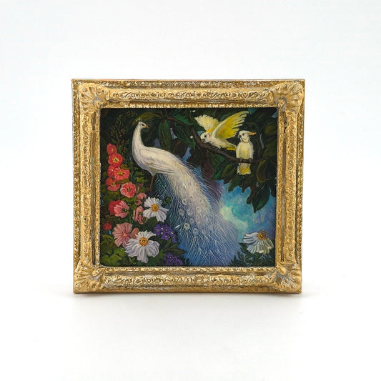 Paul Saltarelli 2004 White Peacock and Cockatoos Miniature Oil Painting