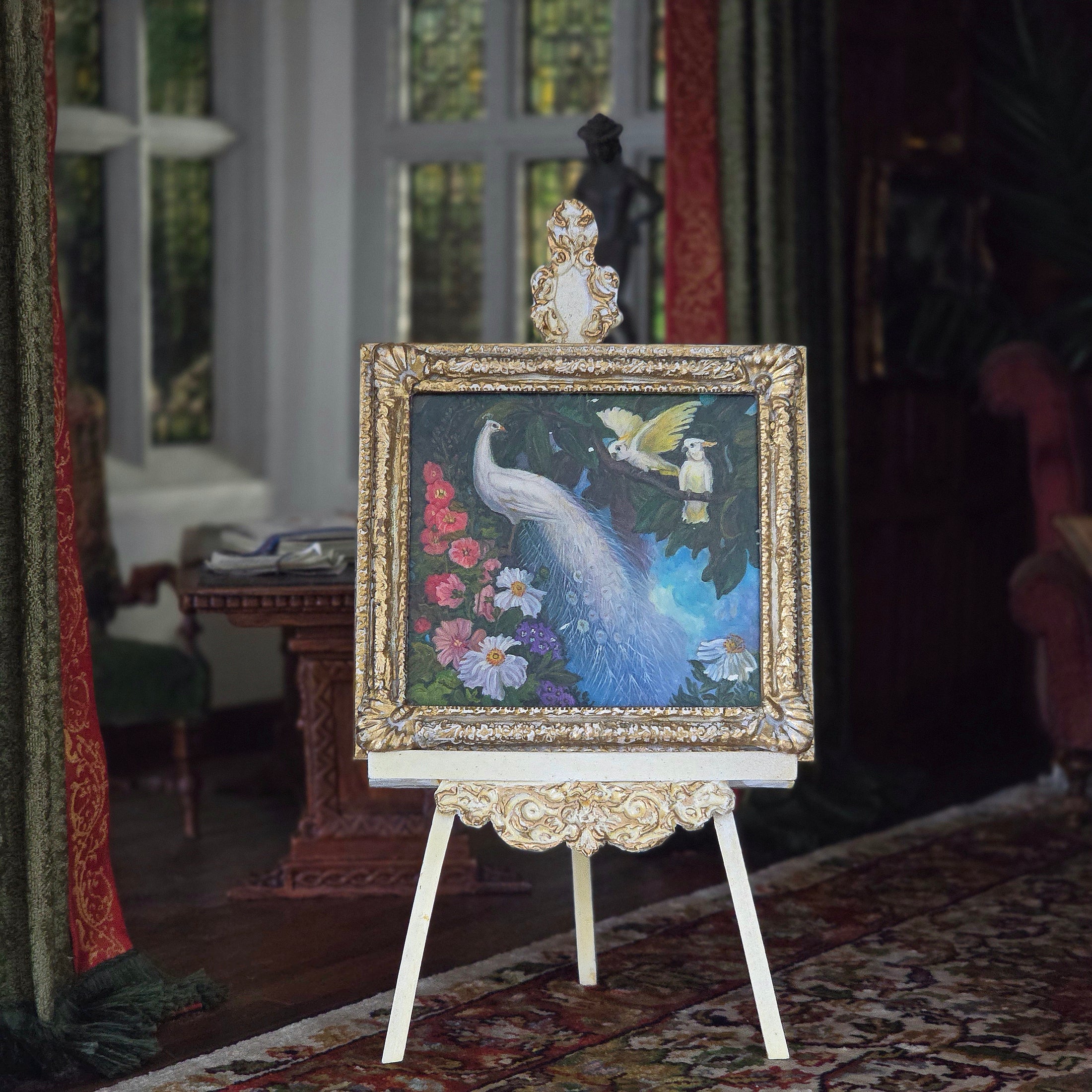 Paul Saltarelli 2004 White Peacock and Cockatoos Miniature Oil Painting