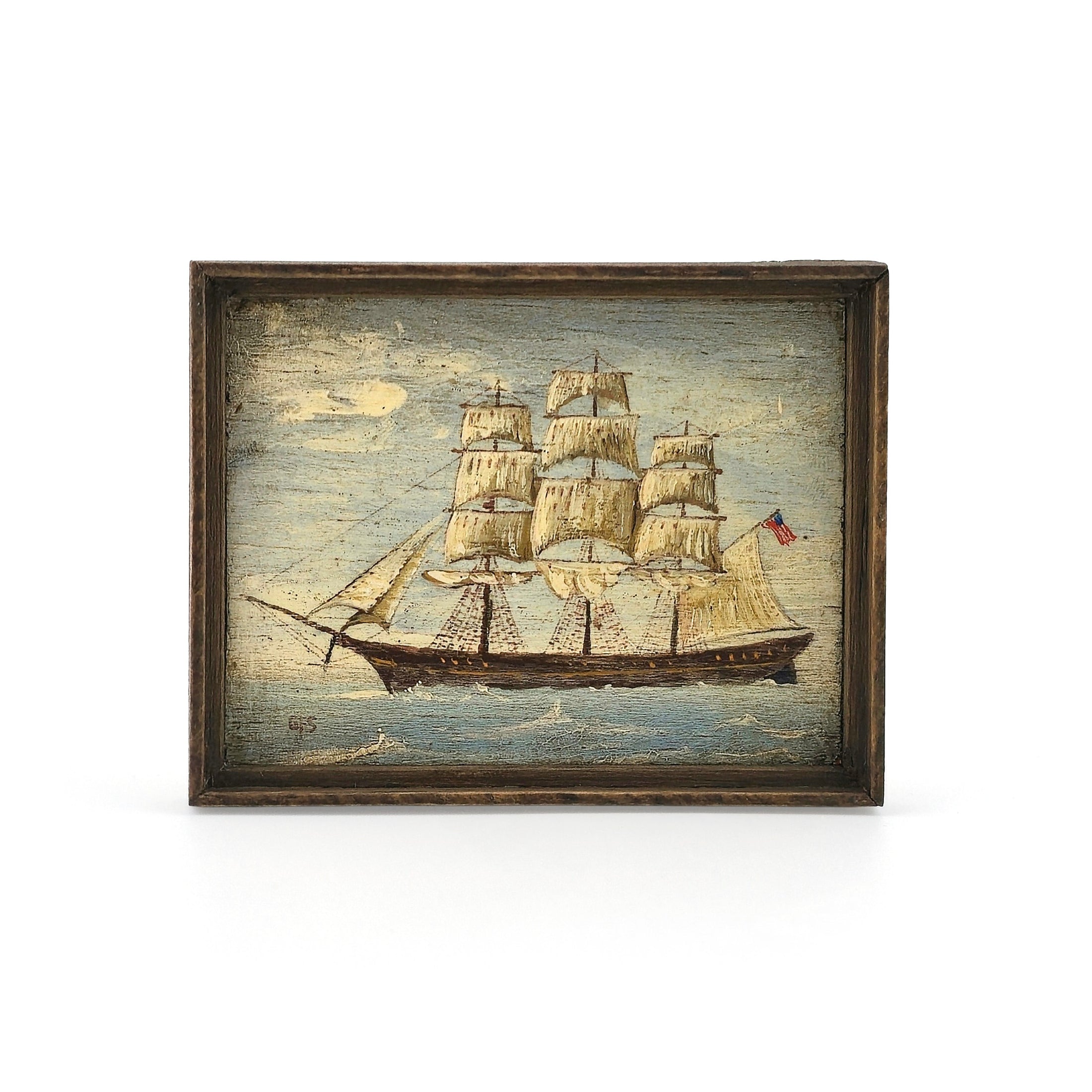 George Schlosser Small Clipper Ship Miniature Oil Painting in Rustic Frame