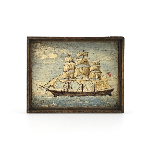 George Schlosser Small Clipper Ship Miniature Oil Painting in Rustic Frame