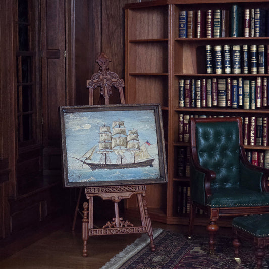 George Schlosser Small Clipper Ship Miniature Oil Painting in Rustic Frame