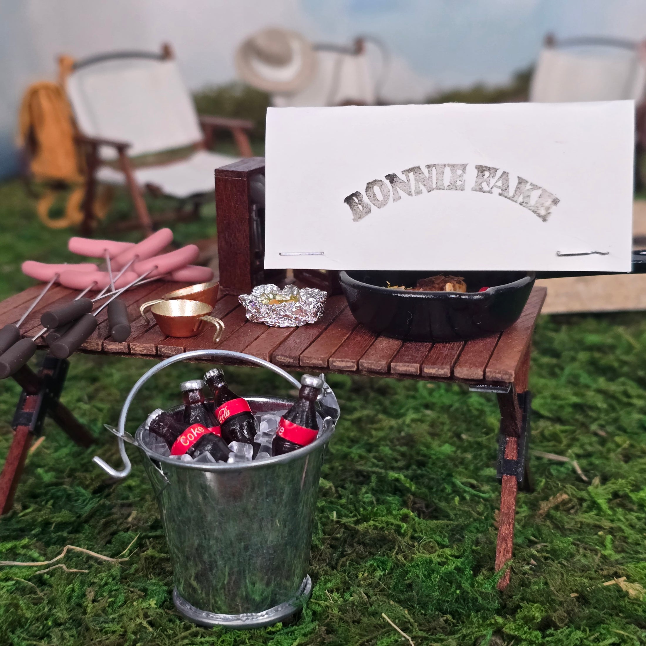 Bonnie Fake Handmade Miniature Camping Cookout Table Set 1:12 Scale