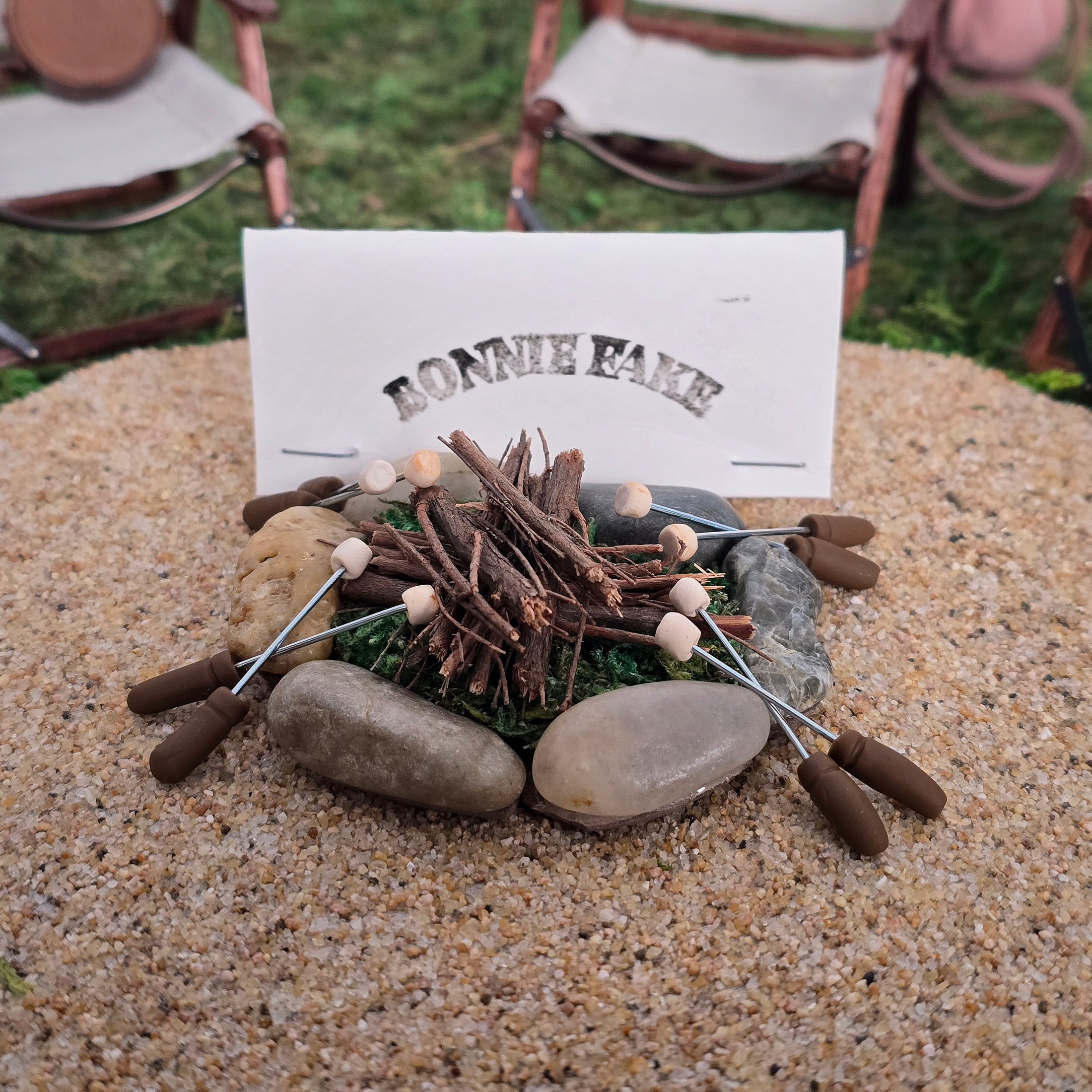 Bonnie Fake Handmade Miniature Campfire Fire Pit with Toasted Marshmallows 1:12 Scale