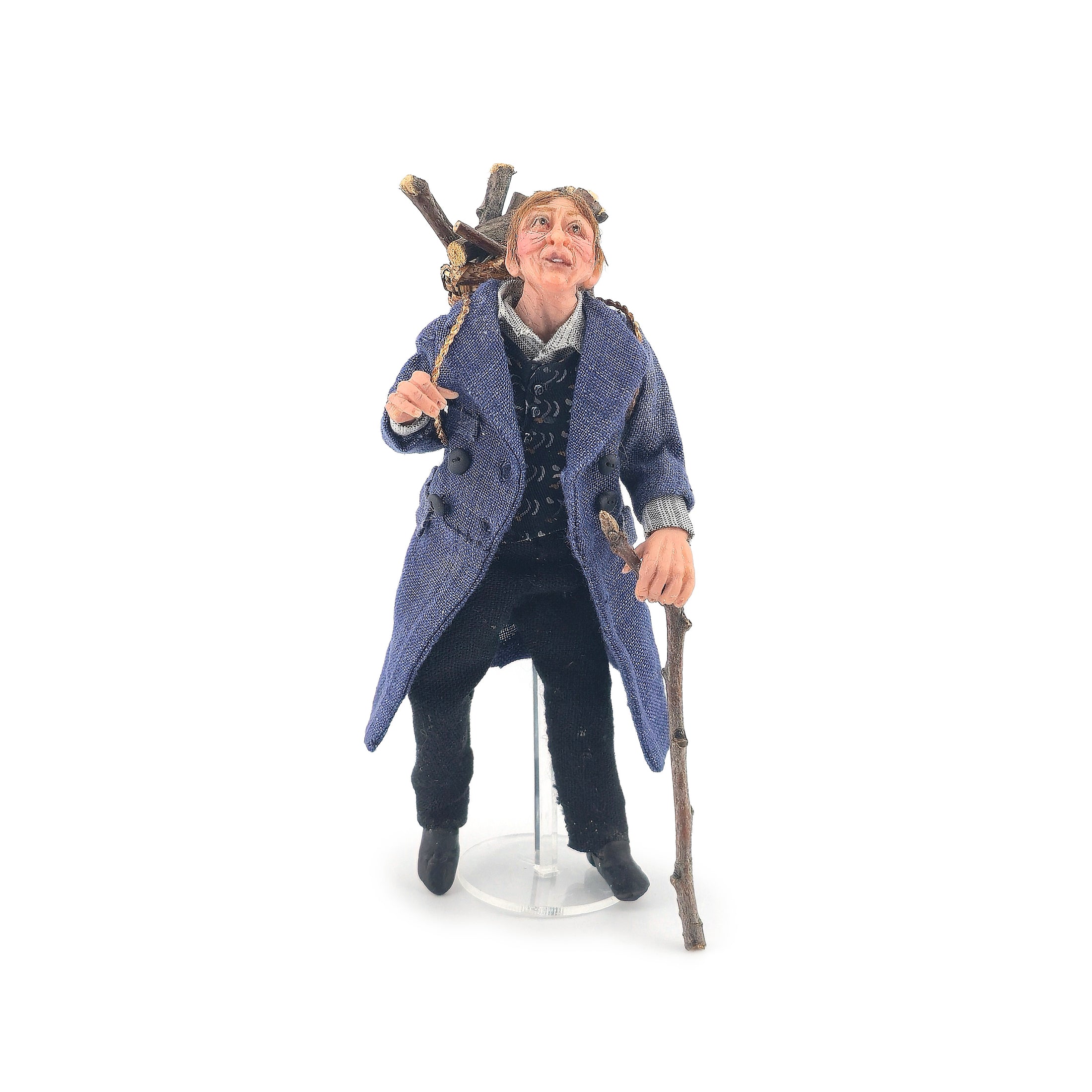 Rustic Woodsman Fellow with Firewood Basket, Artisan Clay Dollhouse Doll