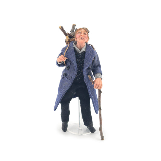 Rustic Woodsman Fellow with Firewood Basket, Artisan Clay Dollhouse Doll
