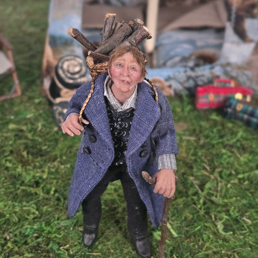 Rustic Woodsman Fellow with Firewood Basket, Artisan Clay Dollhouse Doll