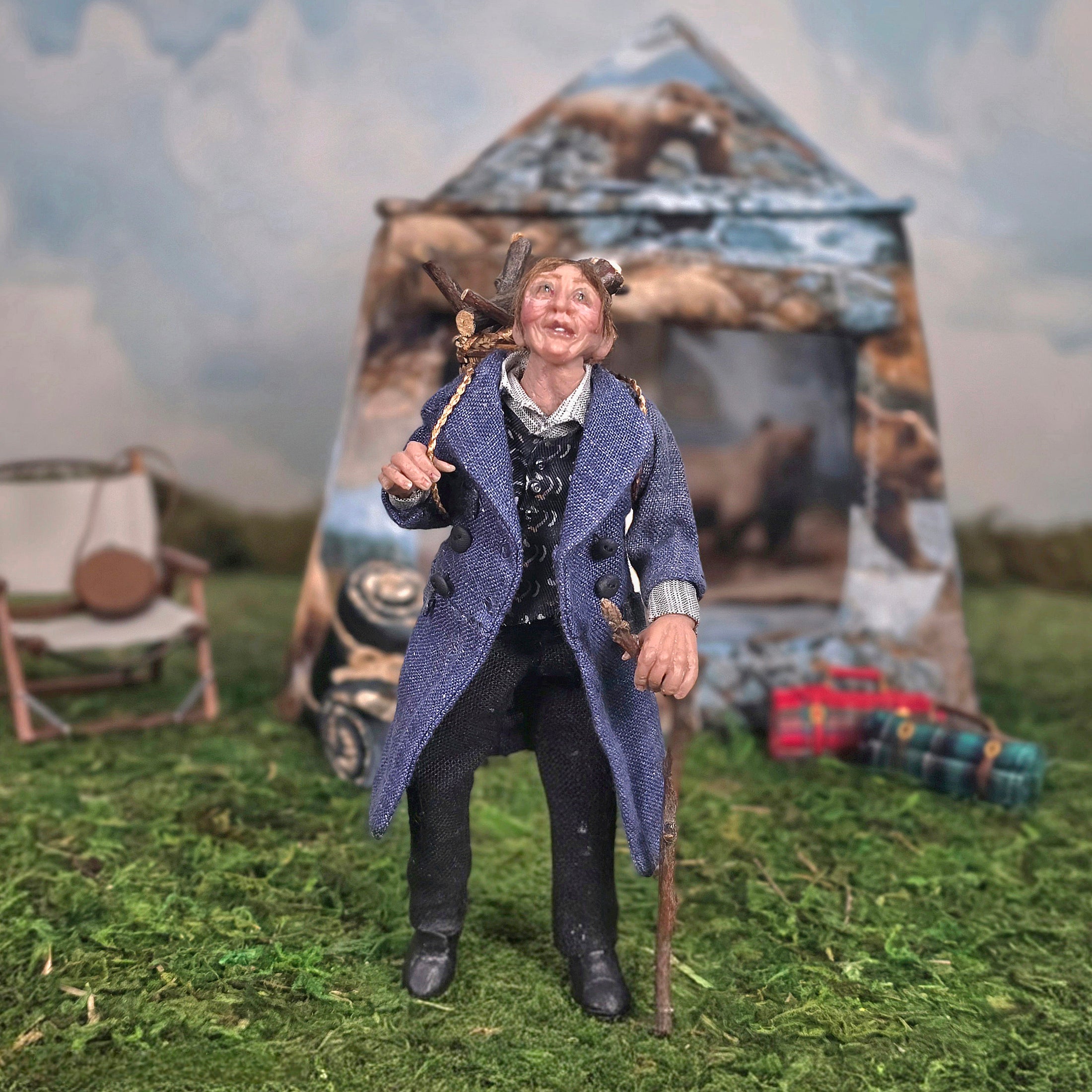 Rustic Woodsman Fellow with Firewood Basket, Artisan Clay Dollhouse Doll