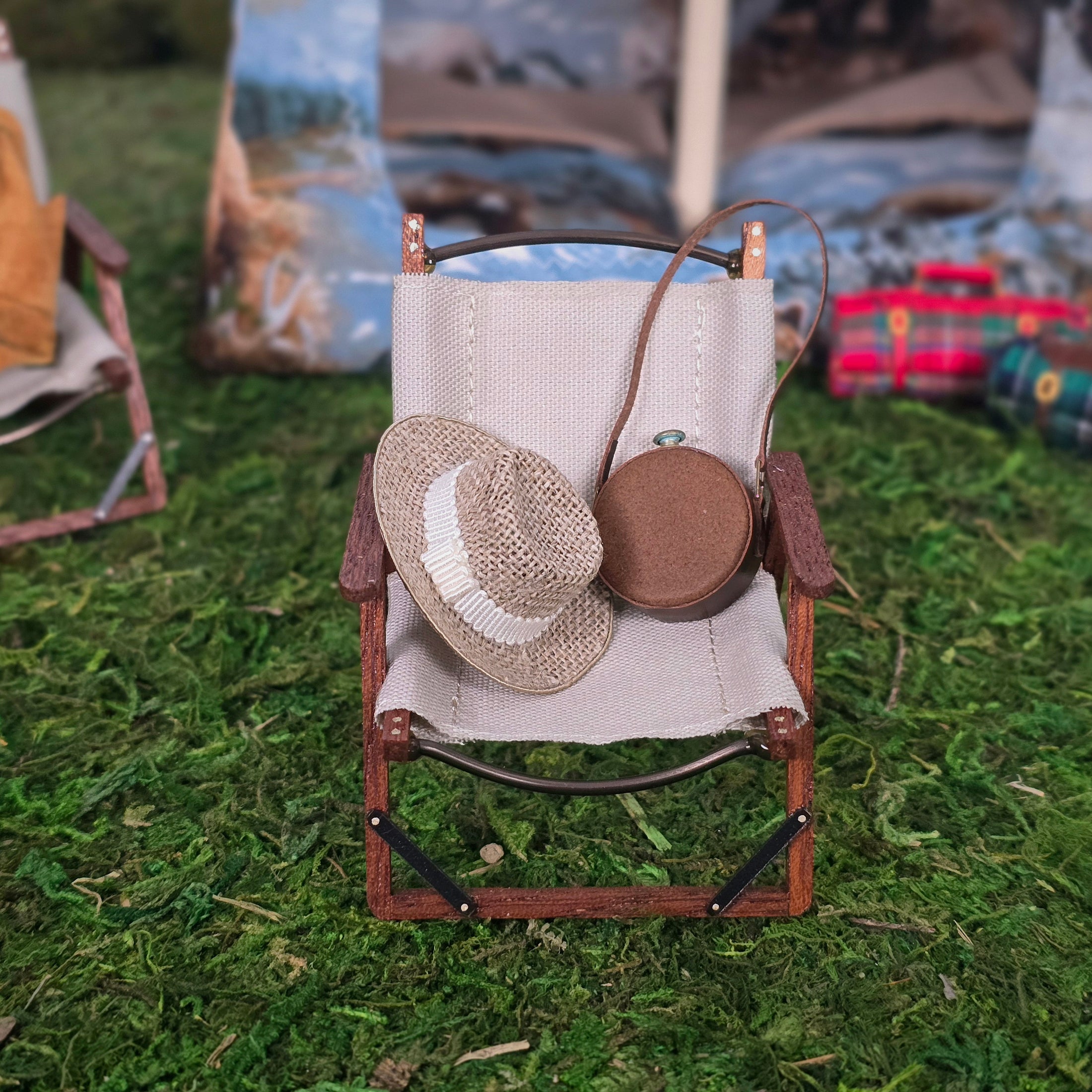 Bonnie Fake Dollhouse Miniature Camping Hat & Leather Canteen Set 1:12 Scale