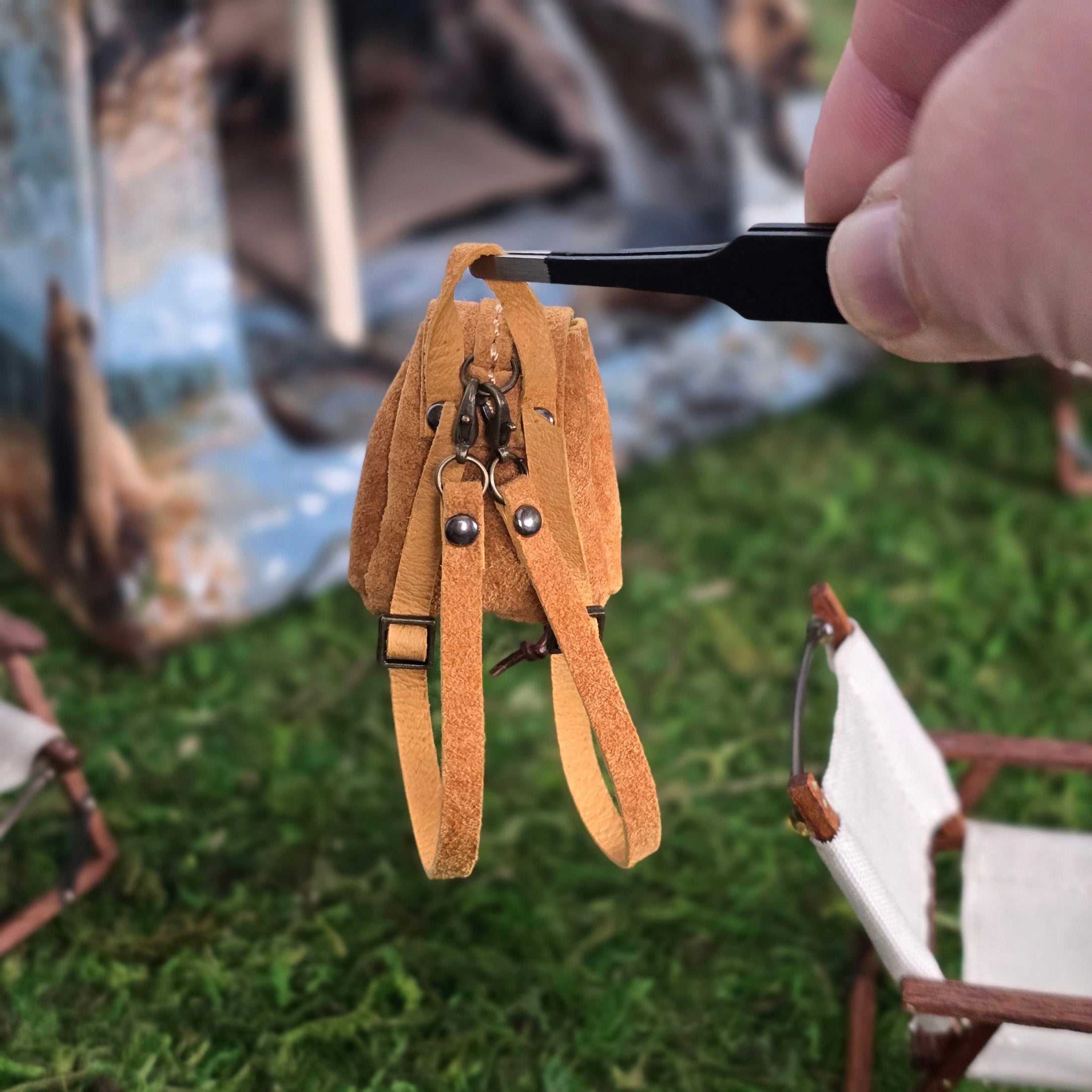 Bonnie Fake Suede Leather Camping Backpack 1:12 Scale Dollhouse Miniature