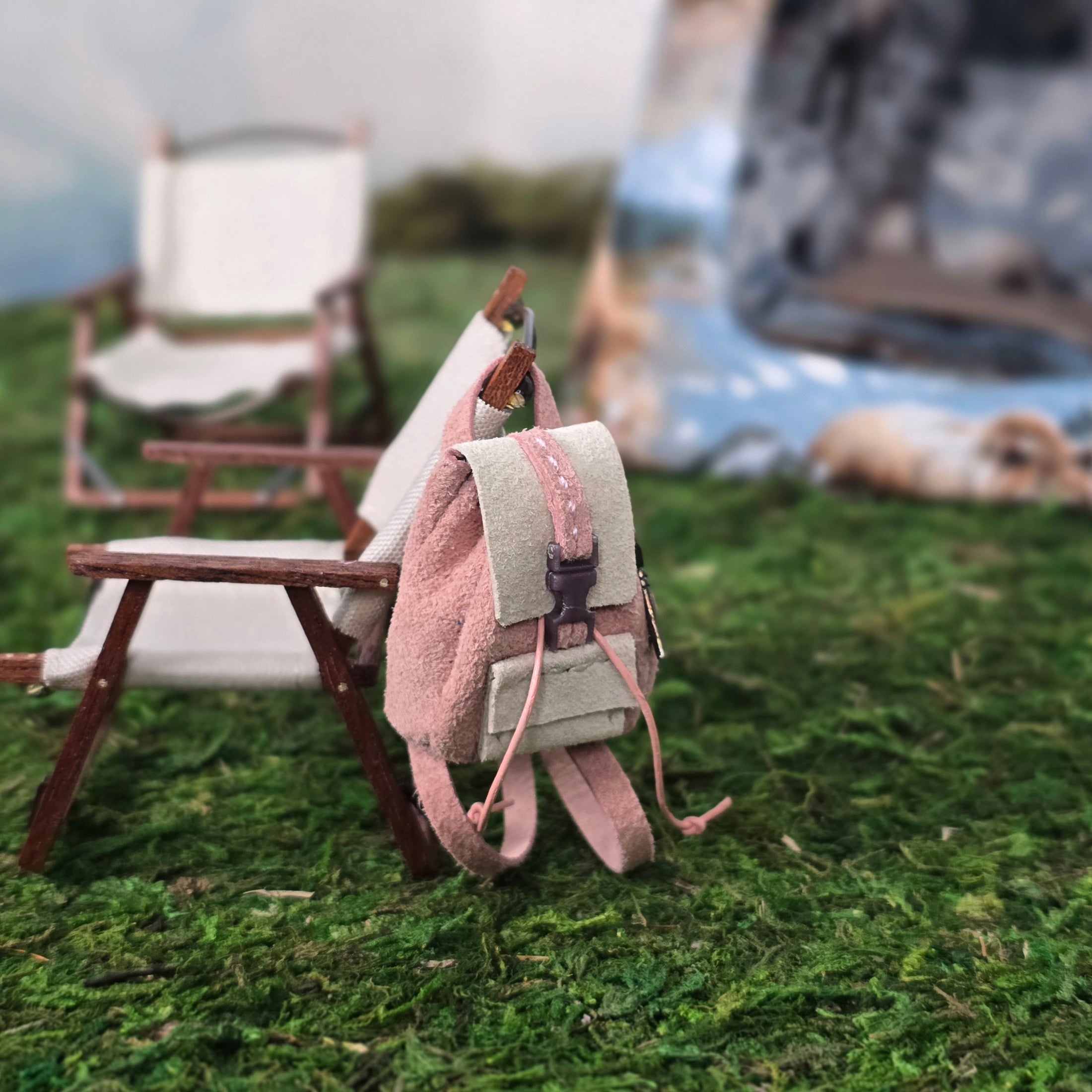 Bonnie Fake Pink Suede Leather Camping Backpack 1:12 Scale Dollhouse Miniature