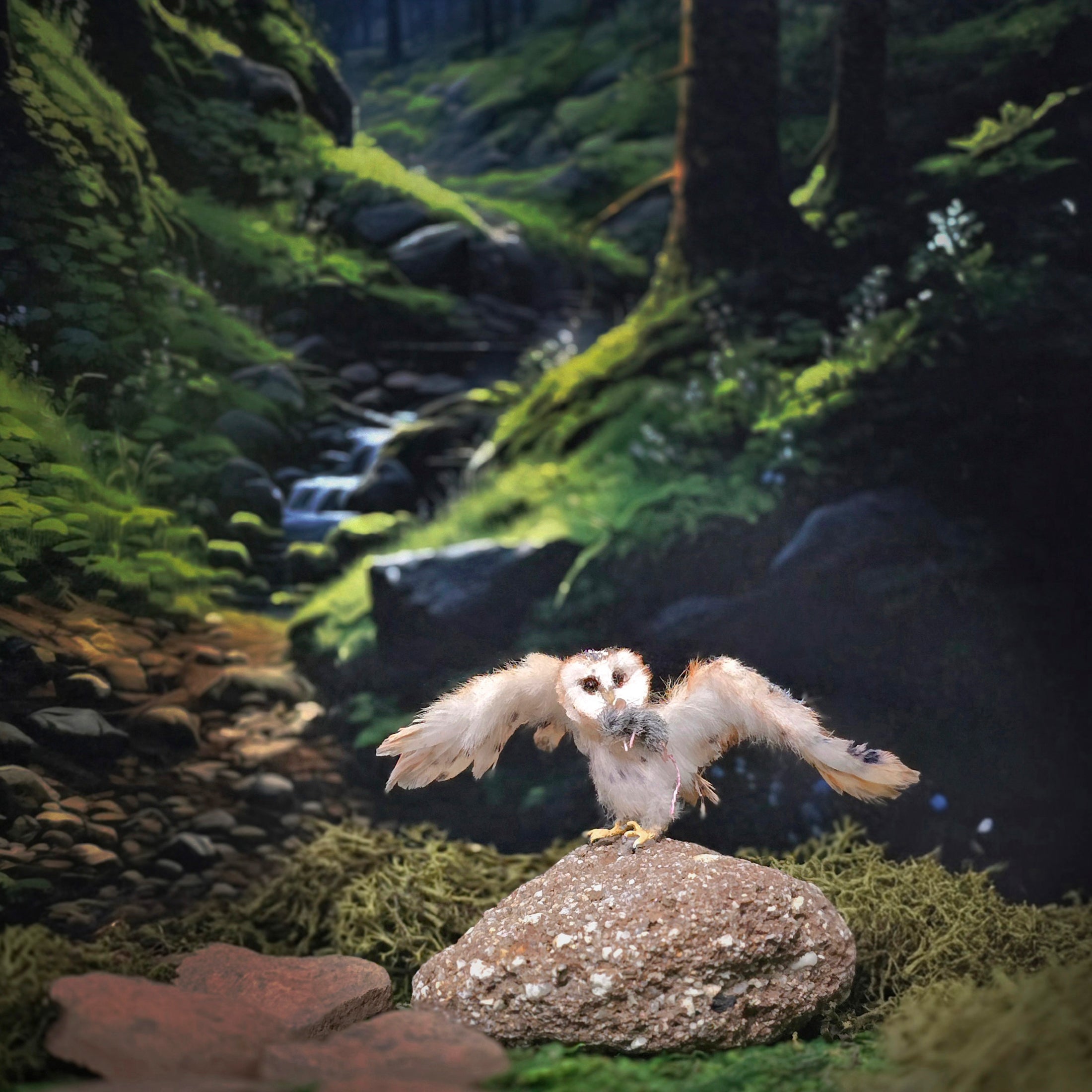 Tigrorso Barn Owl Family Tree Stump Vignette OOAK 1:12 Scale Dollhouse Miniature