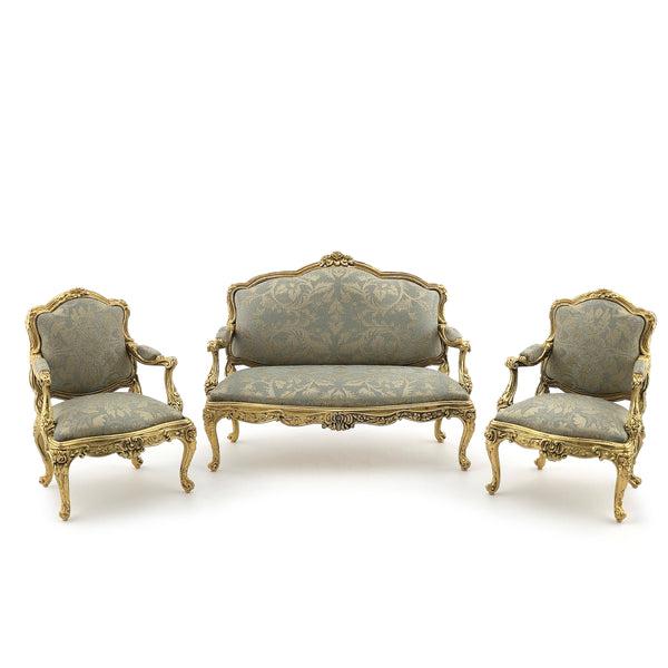 John Hodgson 1998 Louis XV Rococo Salon Suite, Gold Gilt & Blue Silk