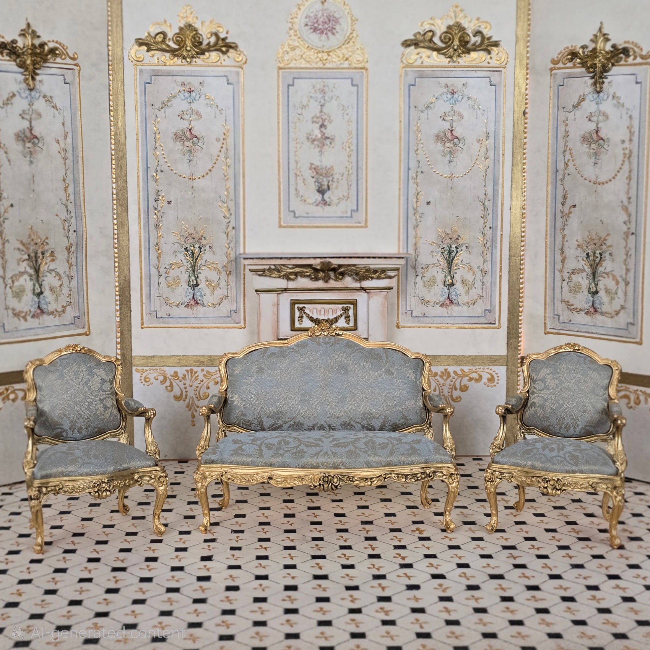 John Hodgson 1998 Louis XV Rococo Salon Suite, Gold Gilt & Blue Silk