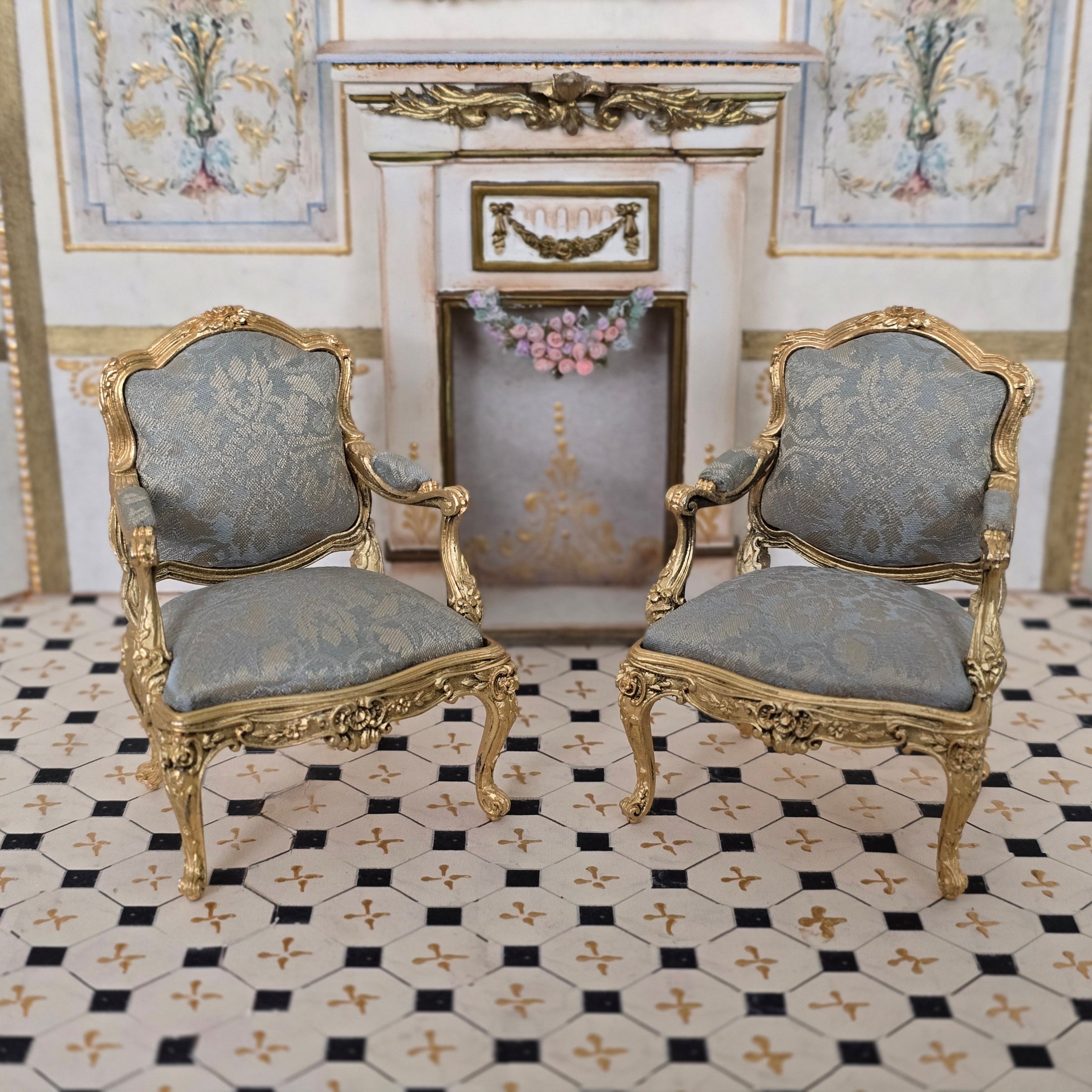 John Hodgson 1998 Louis XV Rococo Salon Suite, Gold Gilt & Blue Silk