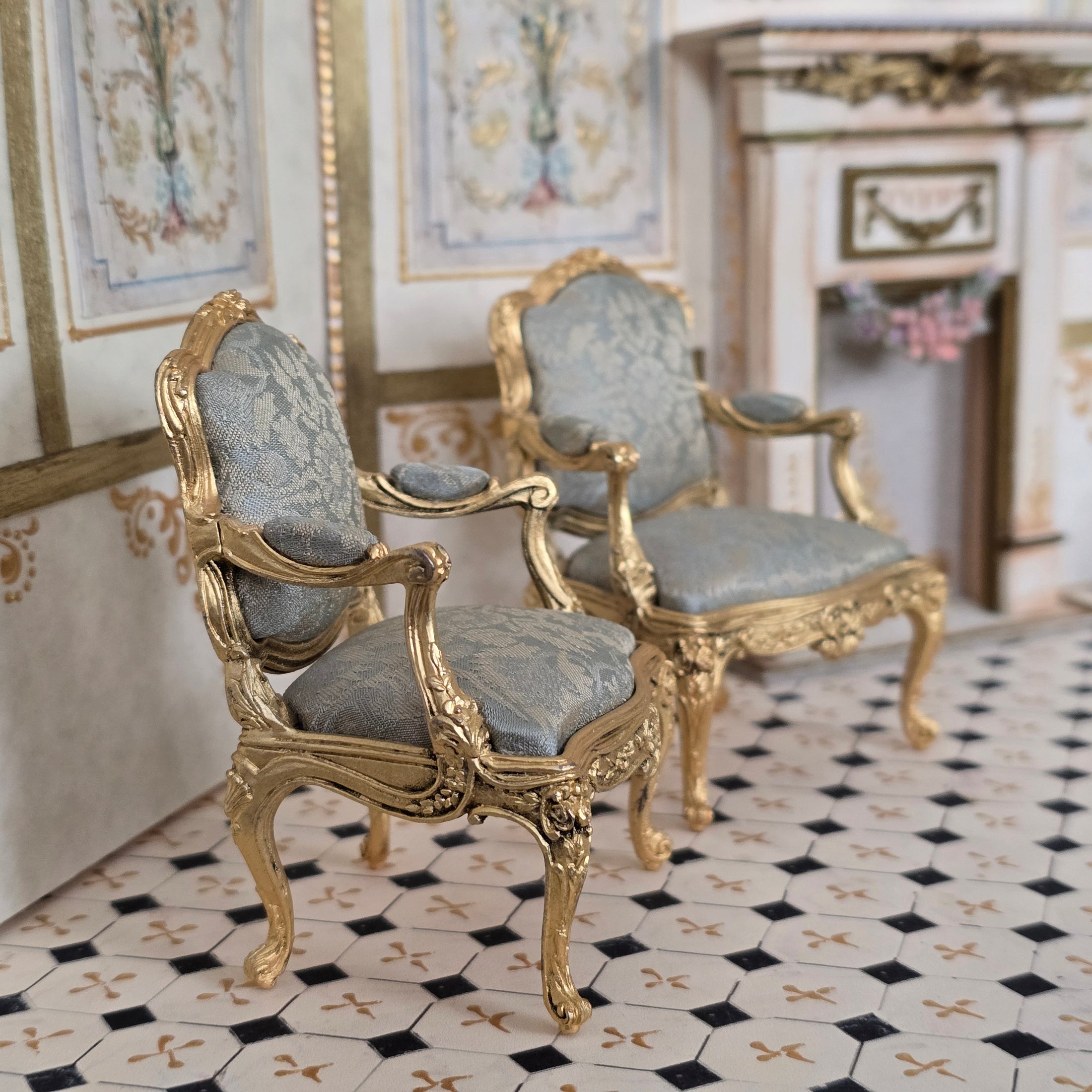 John Hodgson 1998 Louis XV Rococo Salon Suite, Gold Gilt & Blue Silk