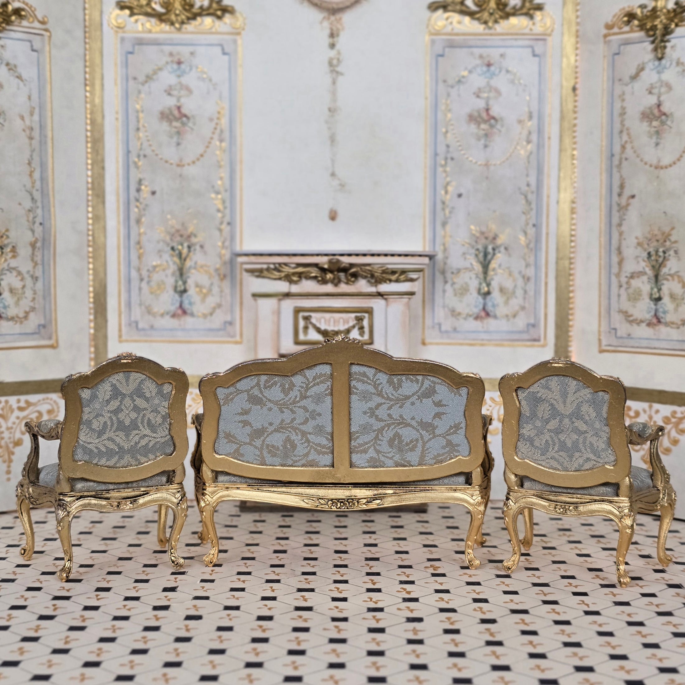 John Hodgson 1998 Louis XV Rococo Salon Suite, Gold Gilt & Blue Silk